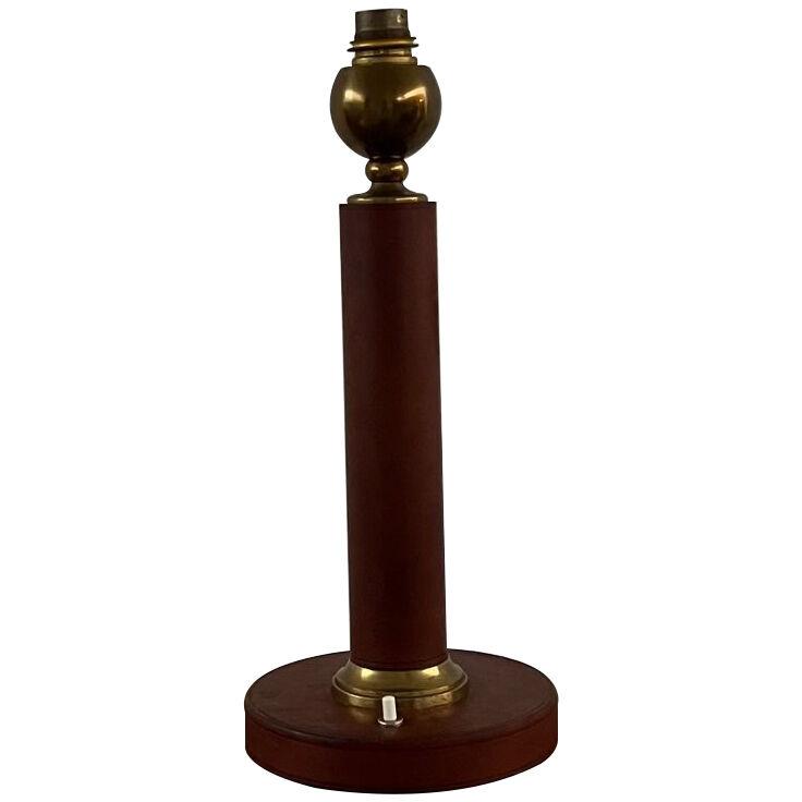 French Mid-Century Red Leather and Brass Table Lamp