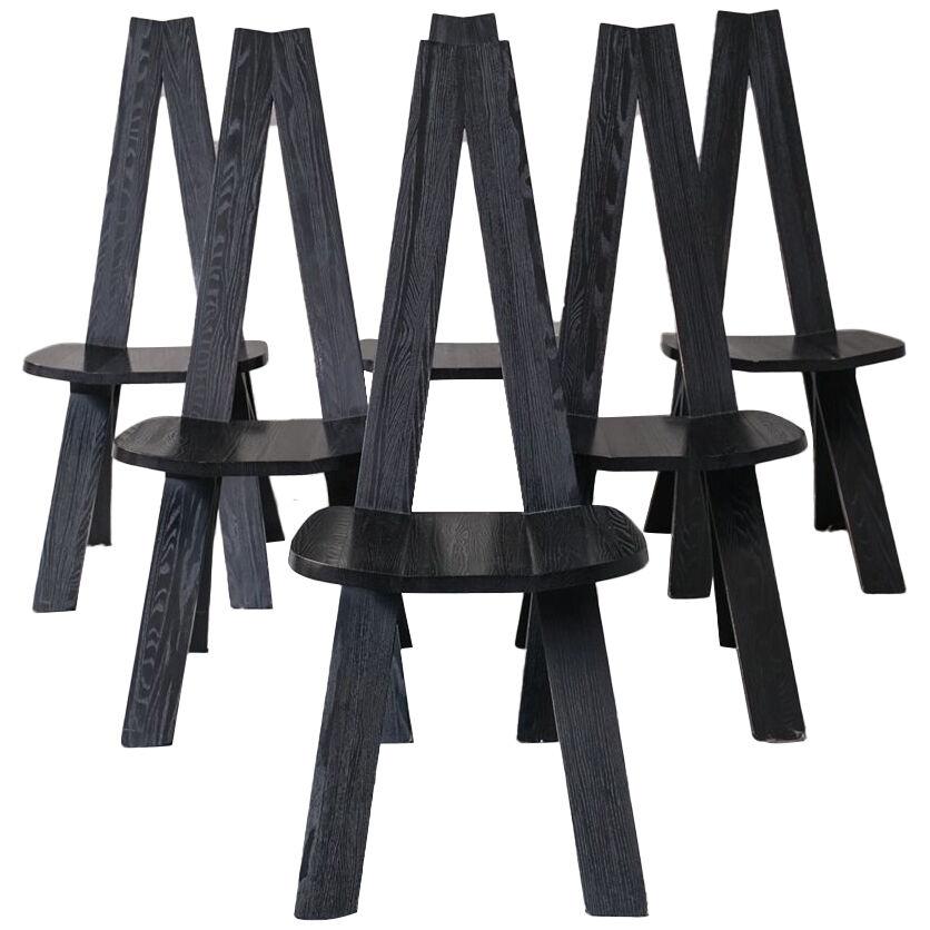 Set of Six Black French Pierre Chapo Mid-Century Dining Chairs