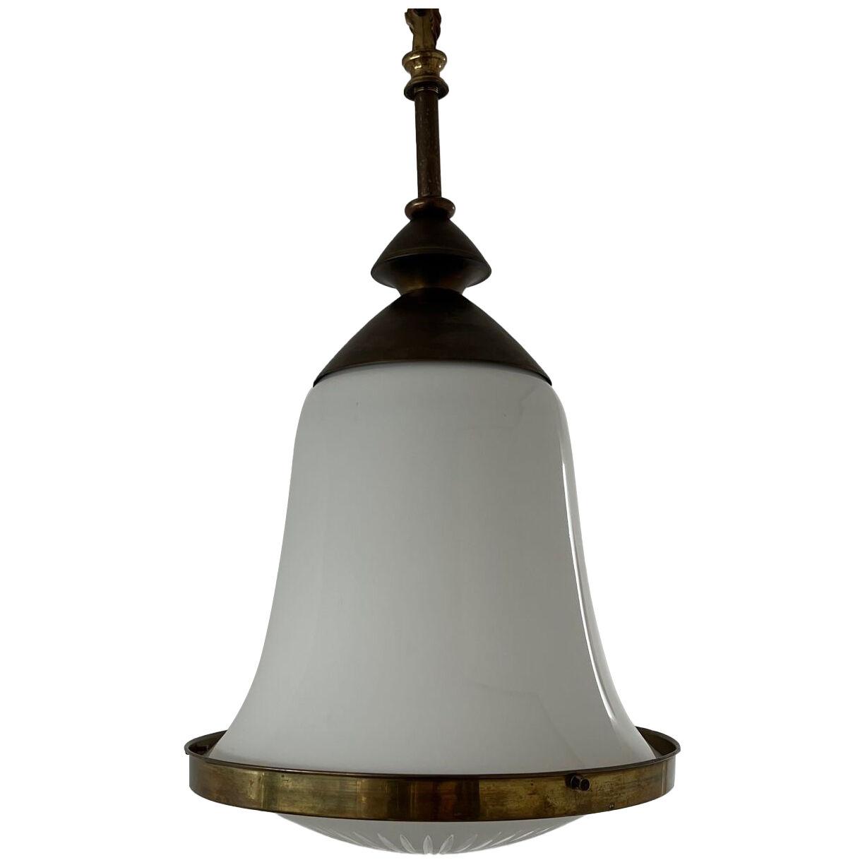 Single Mid-Century Opaline and Brass French Pendant Light