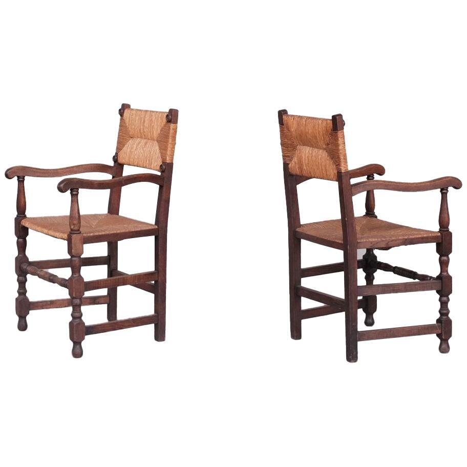Pair of Mid-Century Oak and Rush French Armchairs