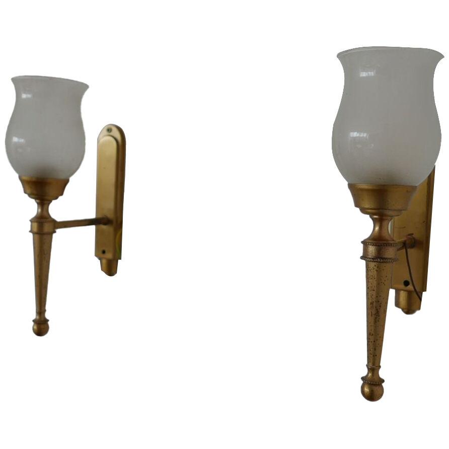 Pair of French Mid-Century Brass and Glass Wall Lights