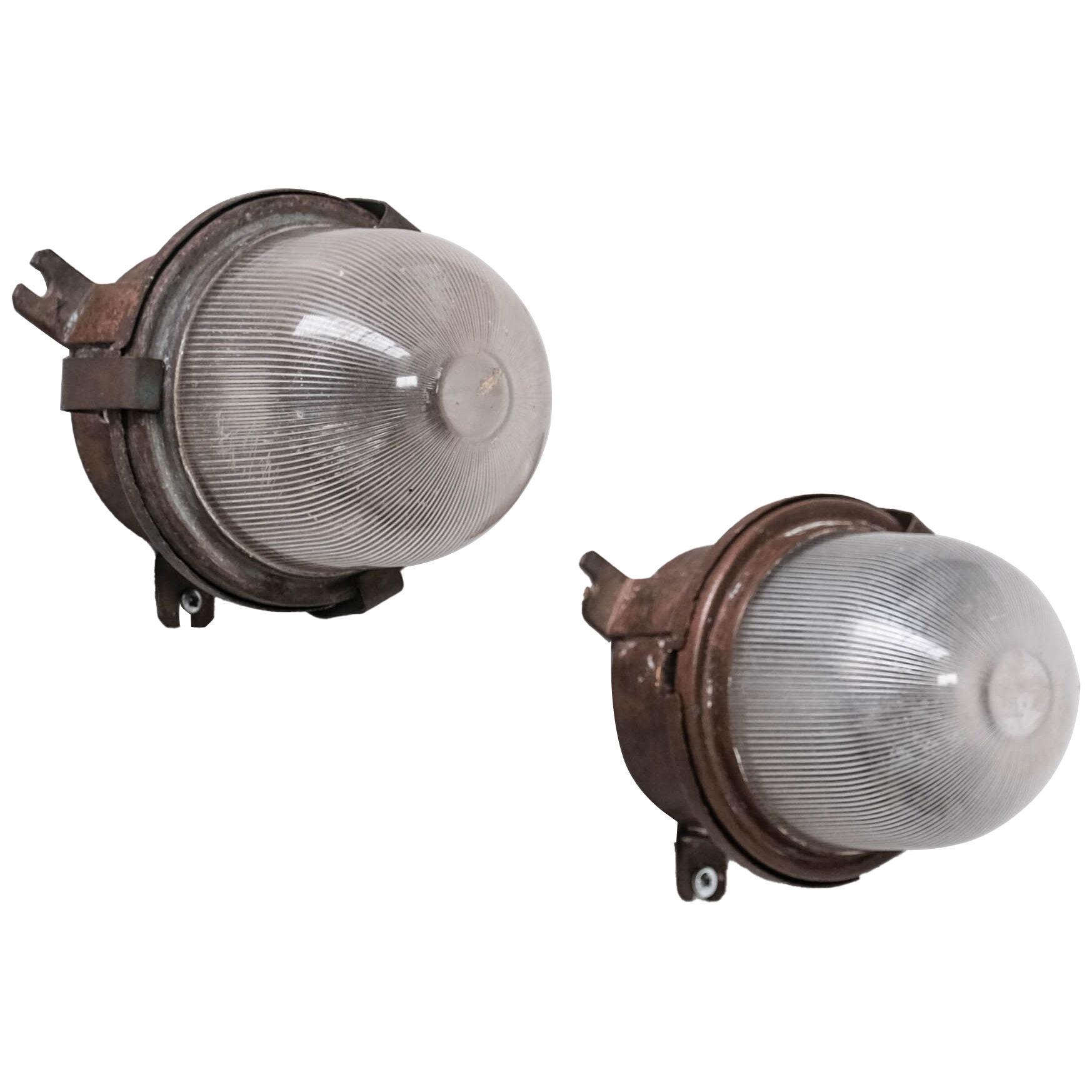 Pair of French Industrial Glass Holophane Wall/Ceiling or Table Lamps