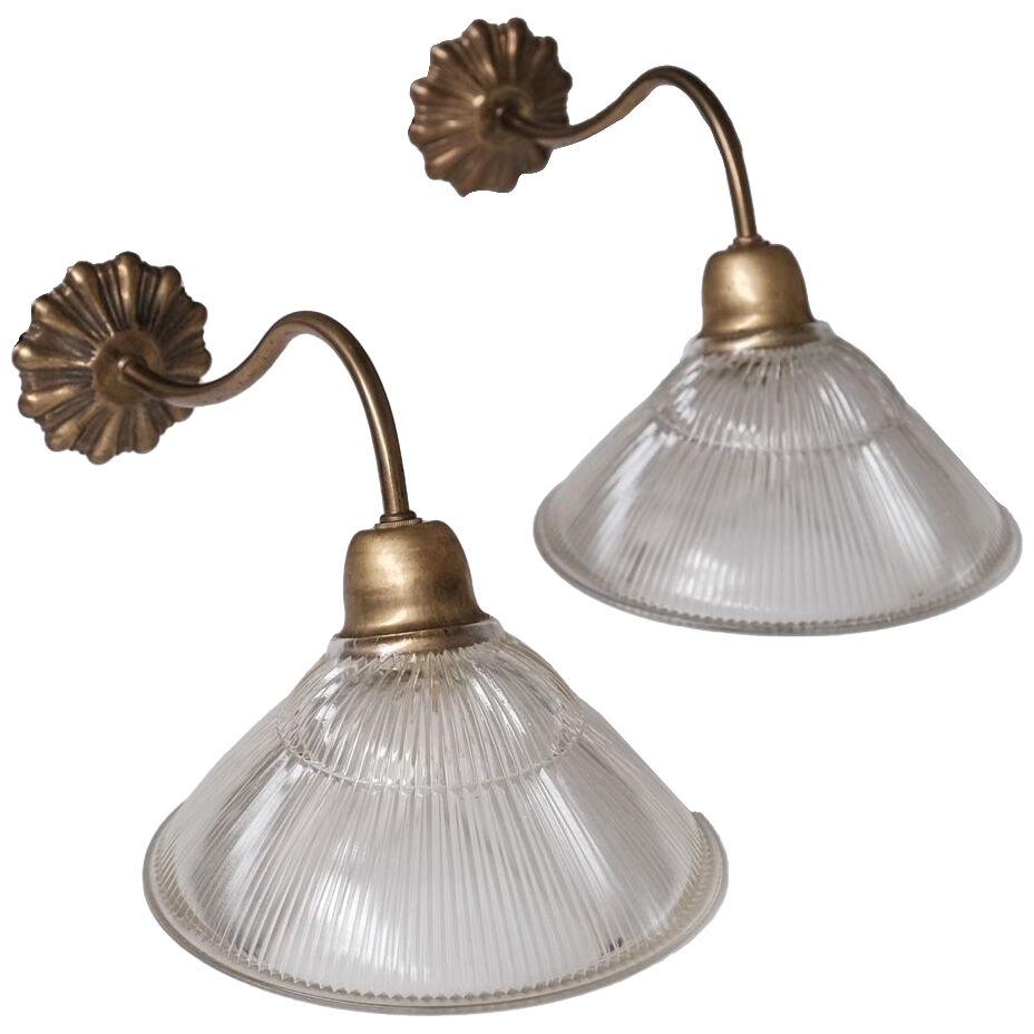 Pair of Glass and Brass Holophane Style Mid-Century Wall Lights