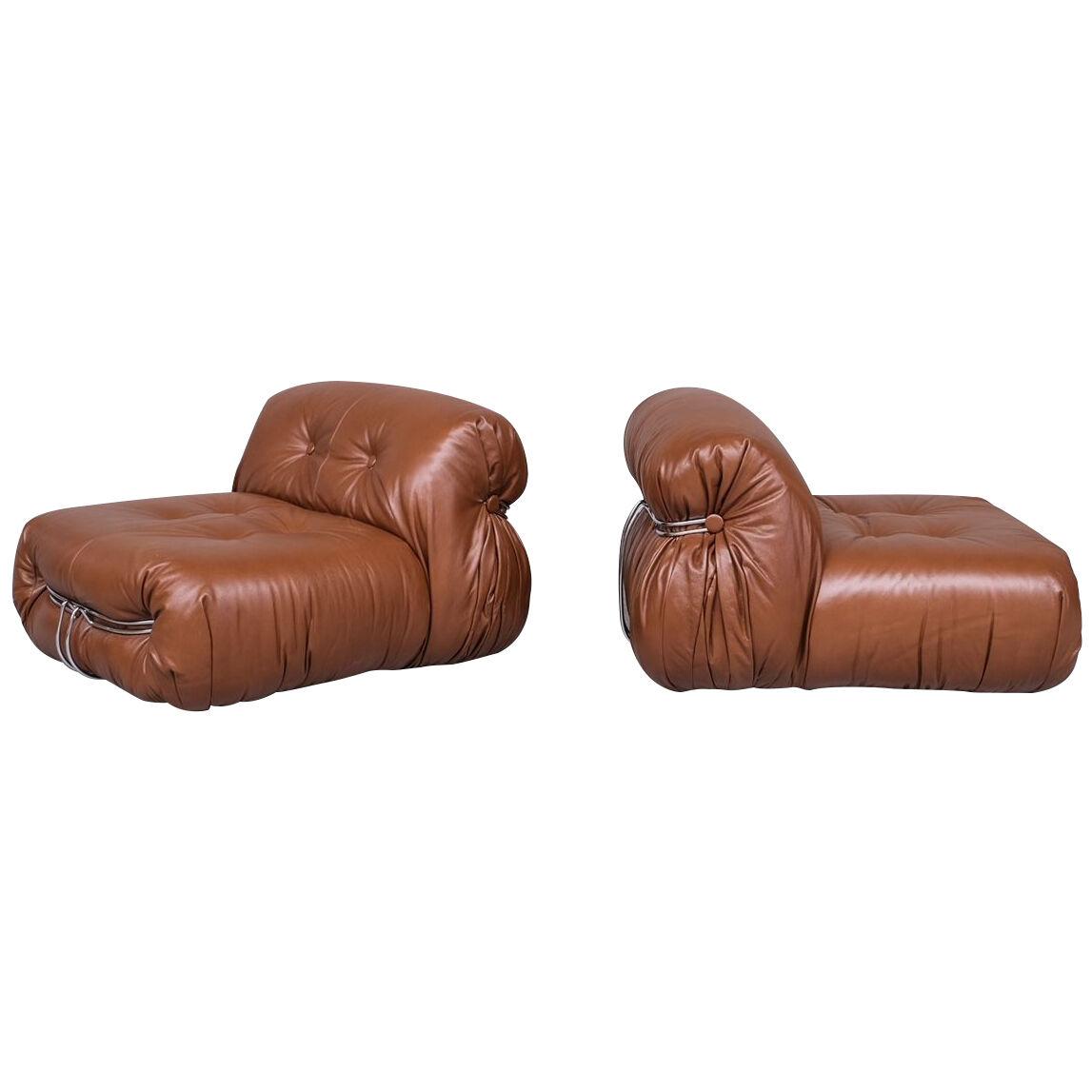 Pair of Leather Soriana Lounge Chairs by Scarpa for Cassina