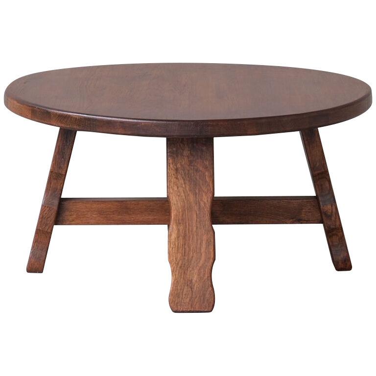 Brutalist Mid-Century Oak Circular Coffee Table 