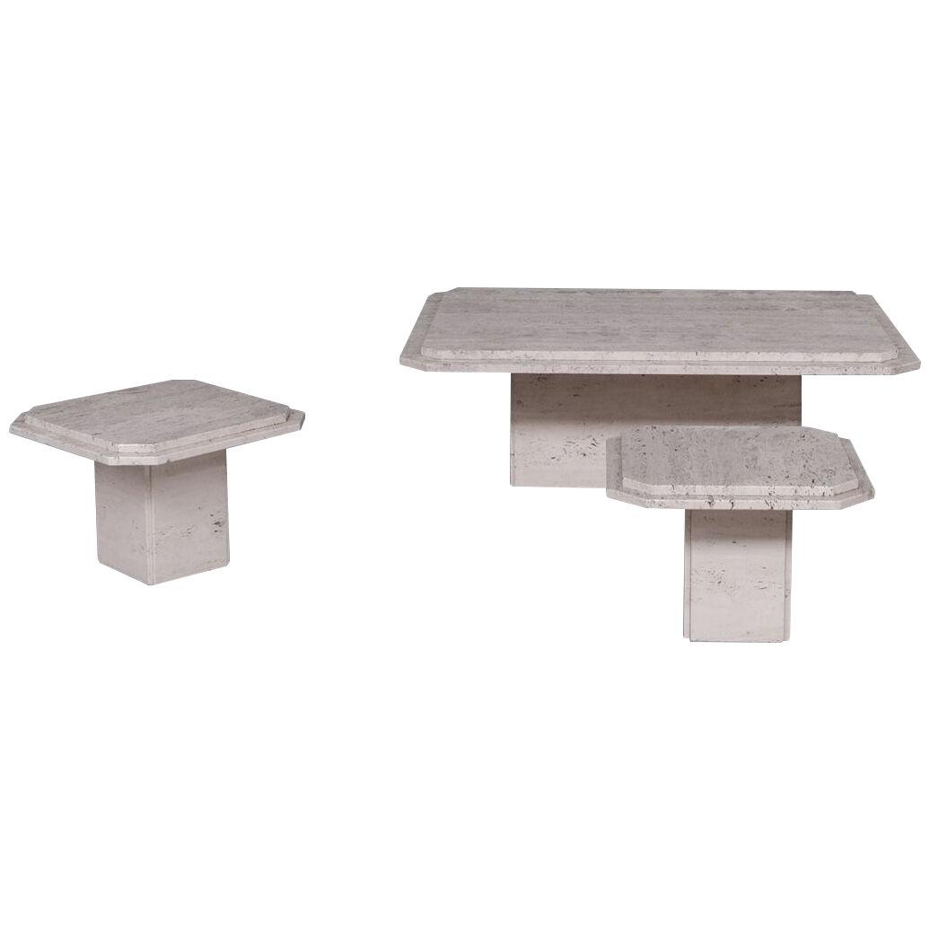 Travertine Mid-Century Coffee Table and Side Table Set