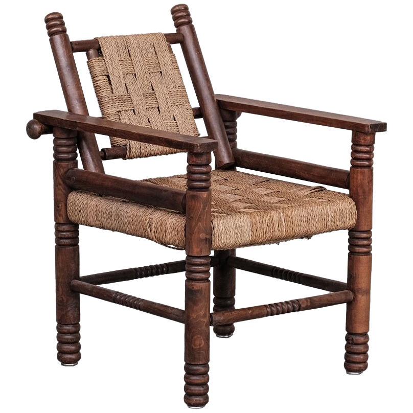 French Art Deco Cord and Oak Armchair attr. to Charles Dudouyt