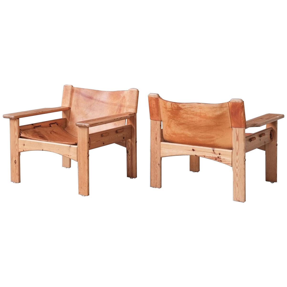 Pair of Pine and Leather Danish Mid-Century Armchairs
