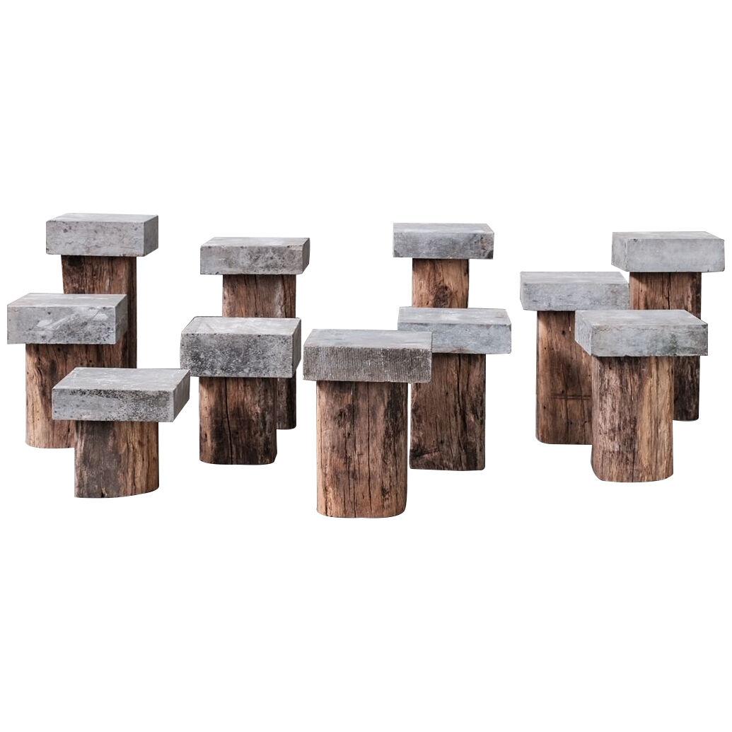 Wooden and Stone Mid-Century Pedestals or Side Tables