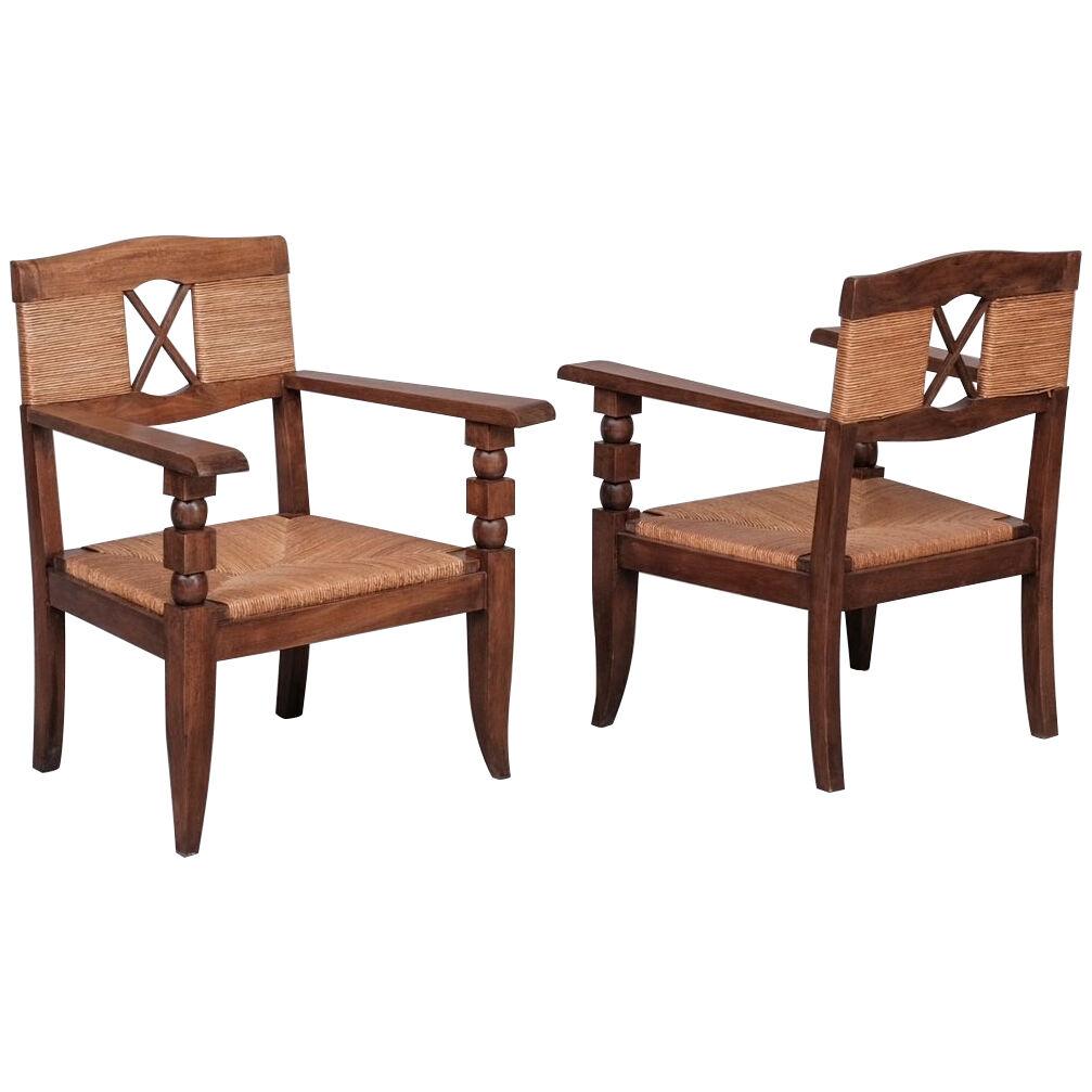 Pair of French Mid-Century Rush Armchairs attr. to Victor Courtray