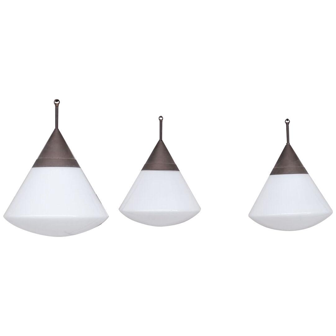 Trio of XL Conical Opaline Mid-Century Pendant Lights (3)