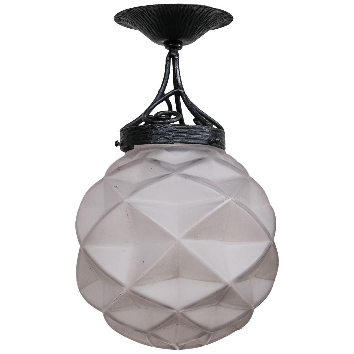 Geometric French Glass and Iron Pendant Light