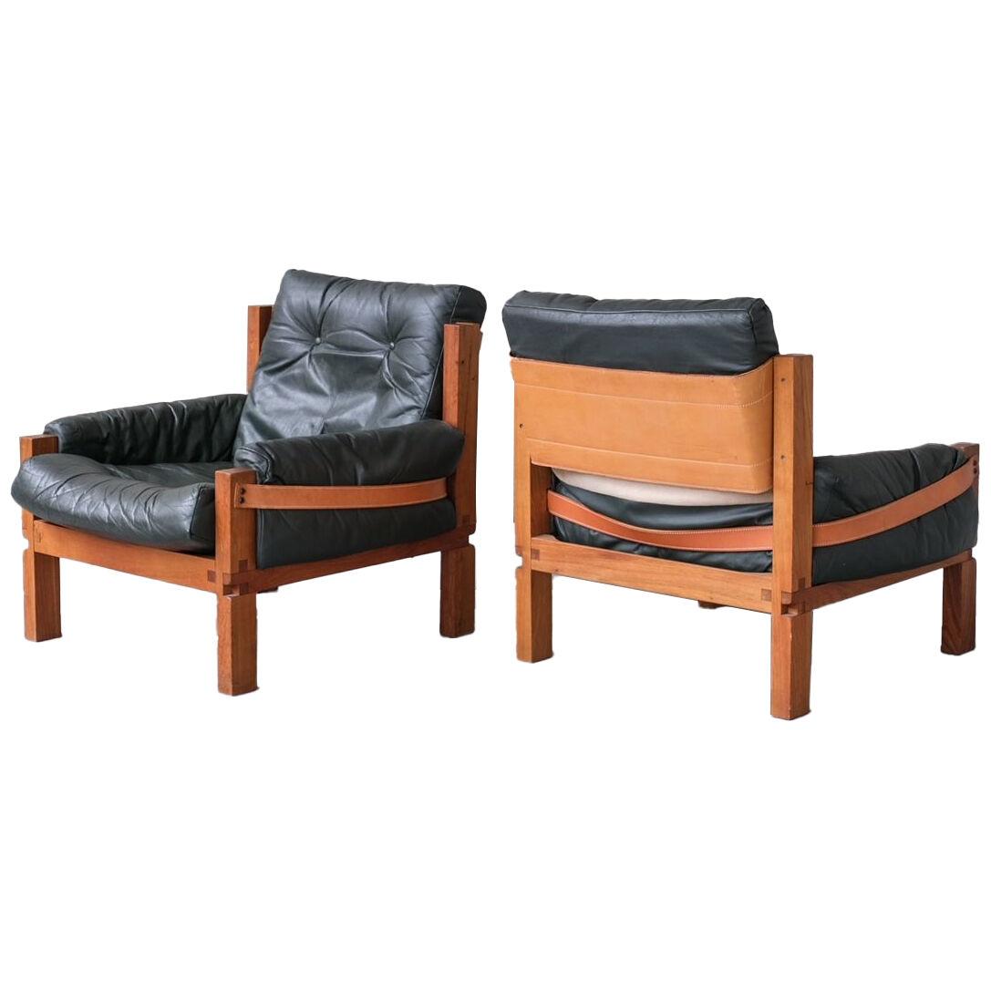 Pair of Pierre Chapo S15 Leather Mid-Century Elm Armchairs