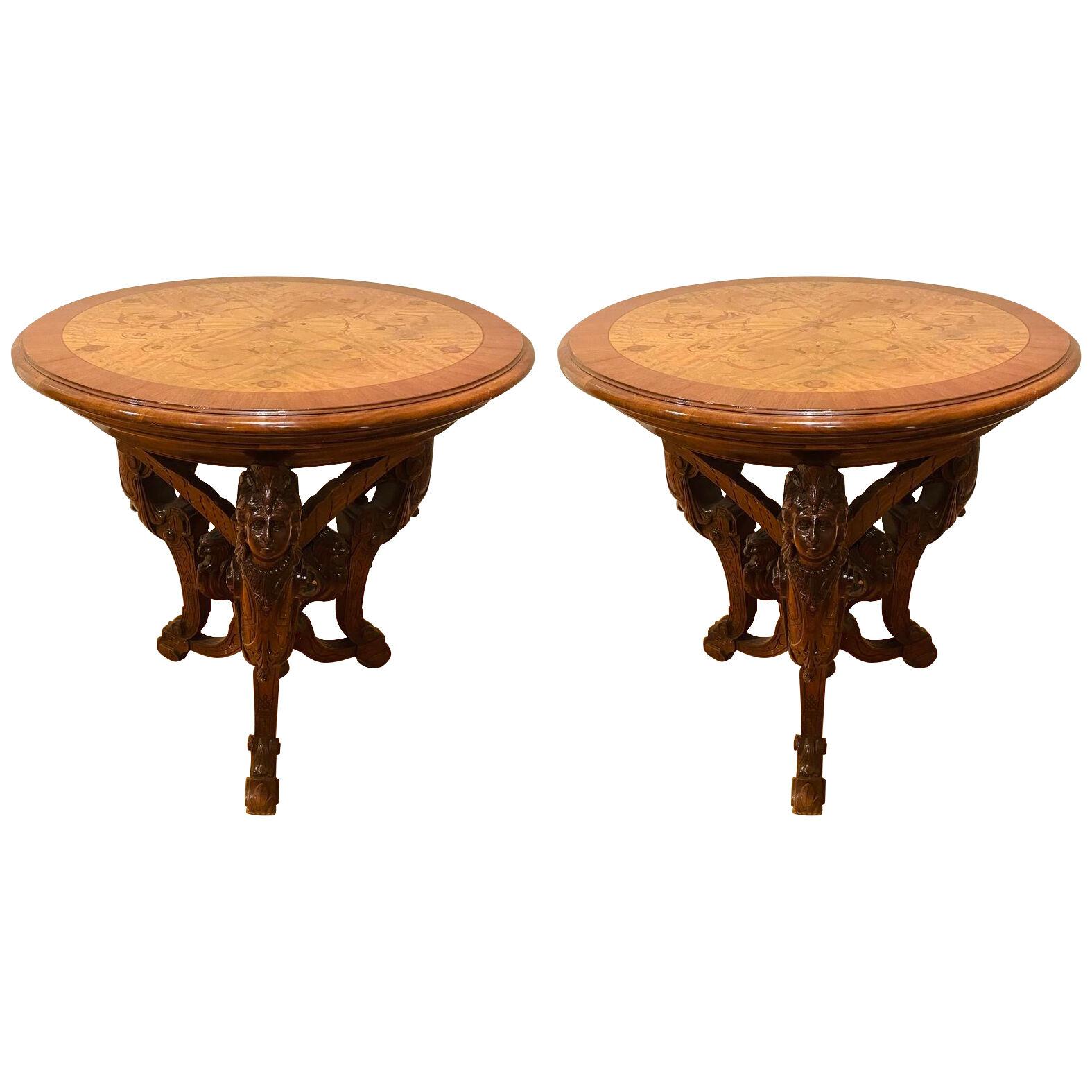 Pair R. J. Horner End Tables, Side or Pedestal Tables, Carved, Inlaid, Rare