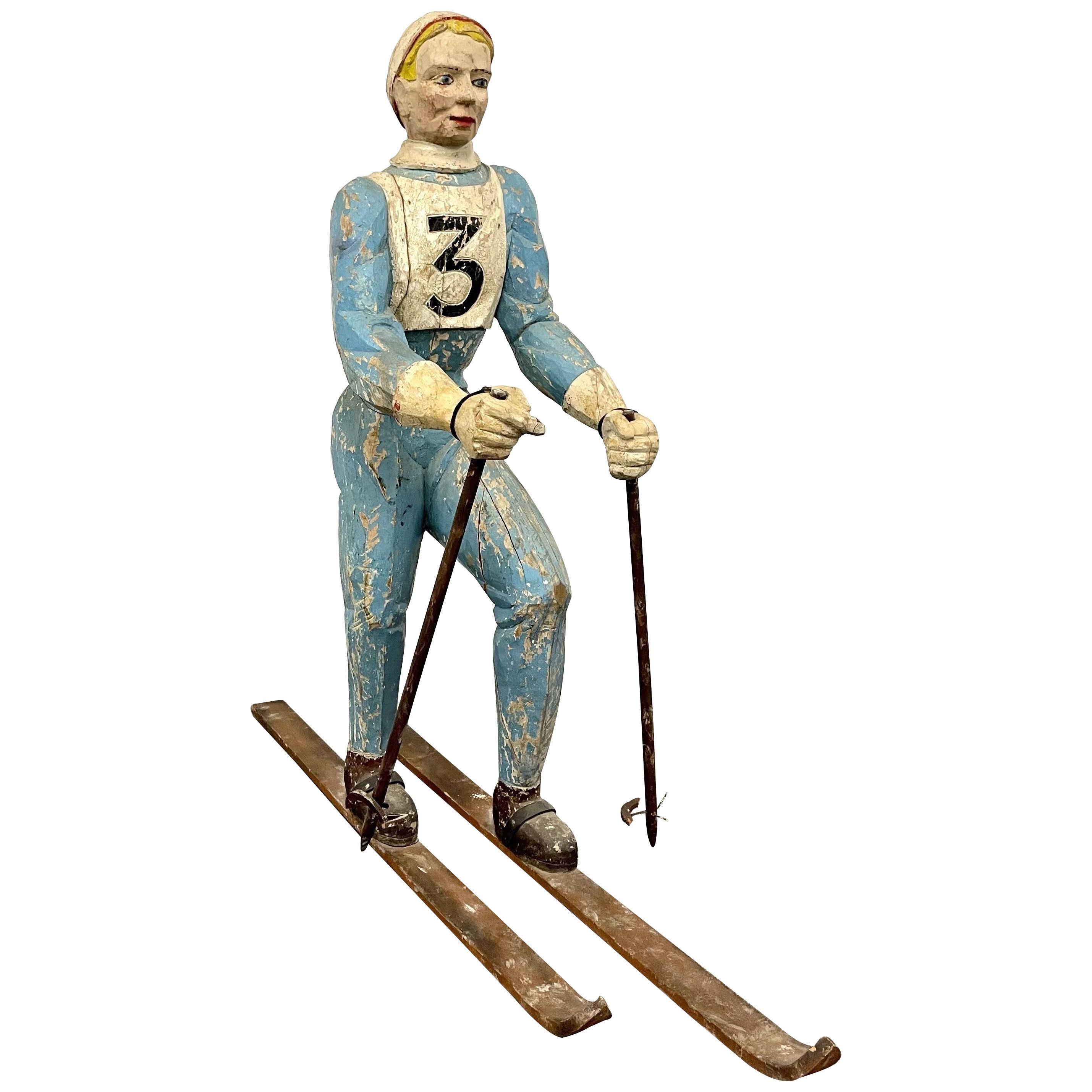 19th/20th C. American Wood Lifesize Figure, Skier, Original Paint, Olympian