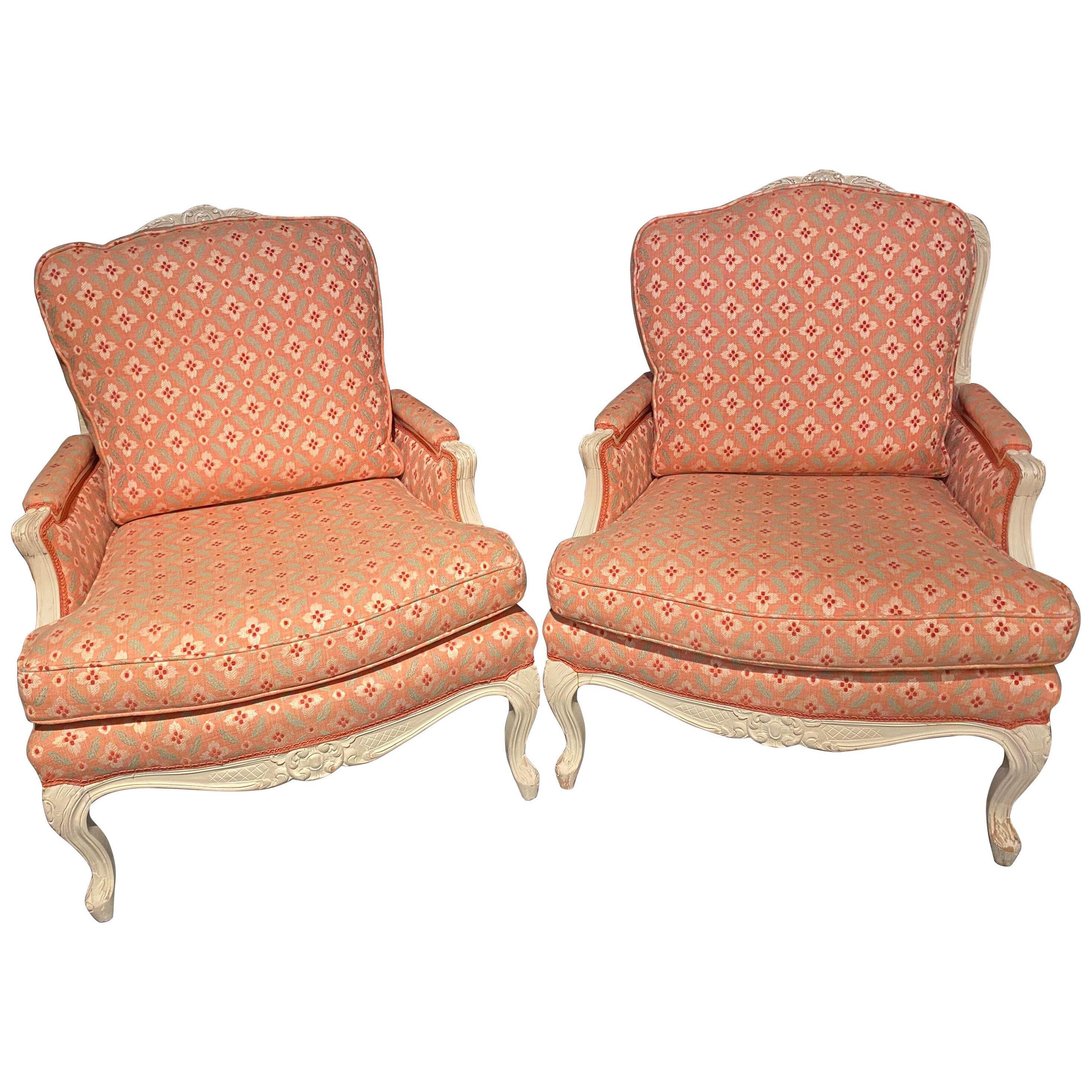 Pair of Louis XVI Painted Bergère or Lounge Chairs, Scalamandre Upholstery