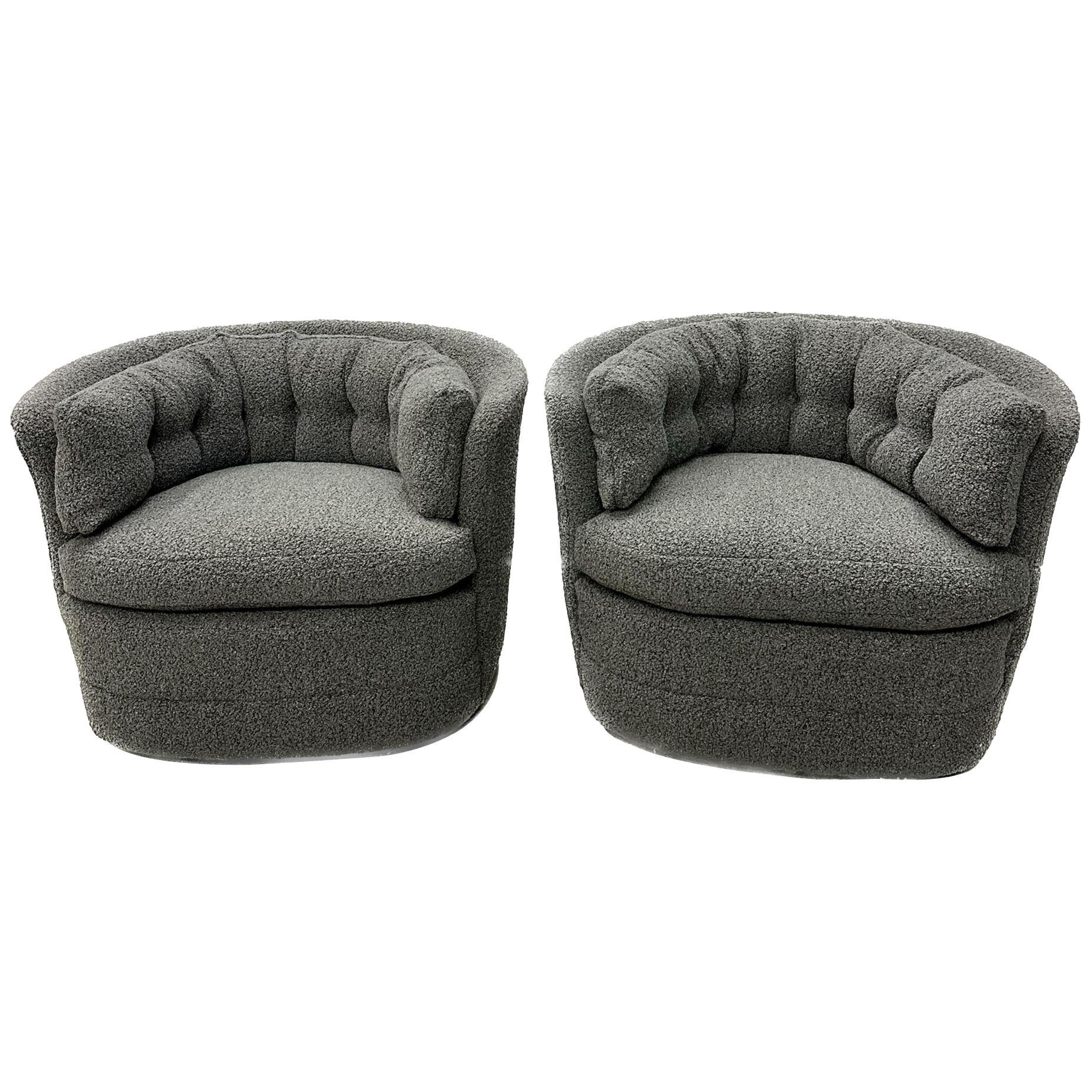 Mid-Century Modern Style Swivel, Rolling Lounge Chairs, Baughman Style, Boucle