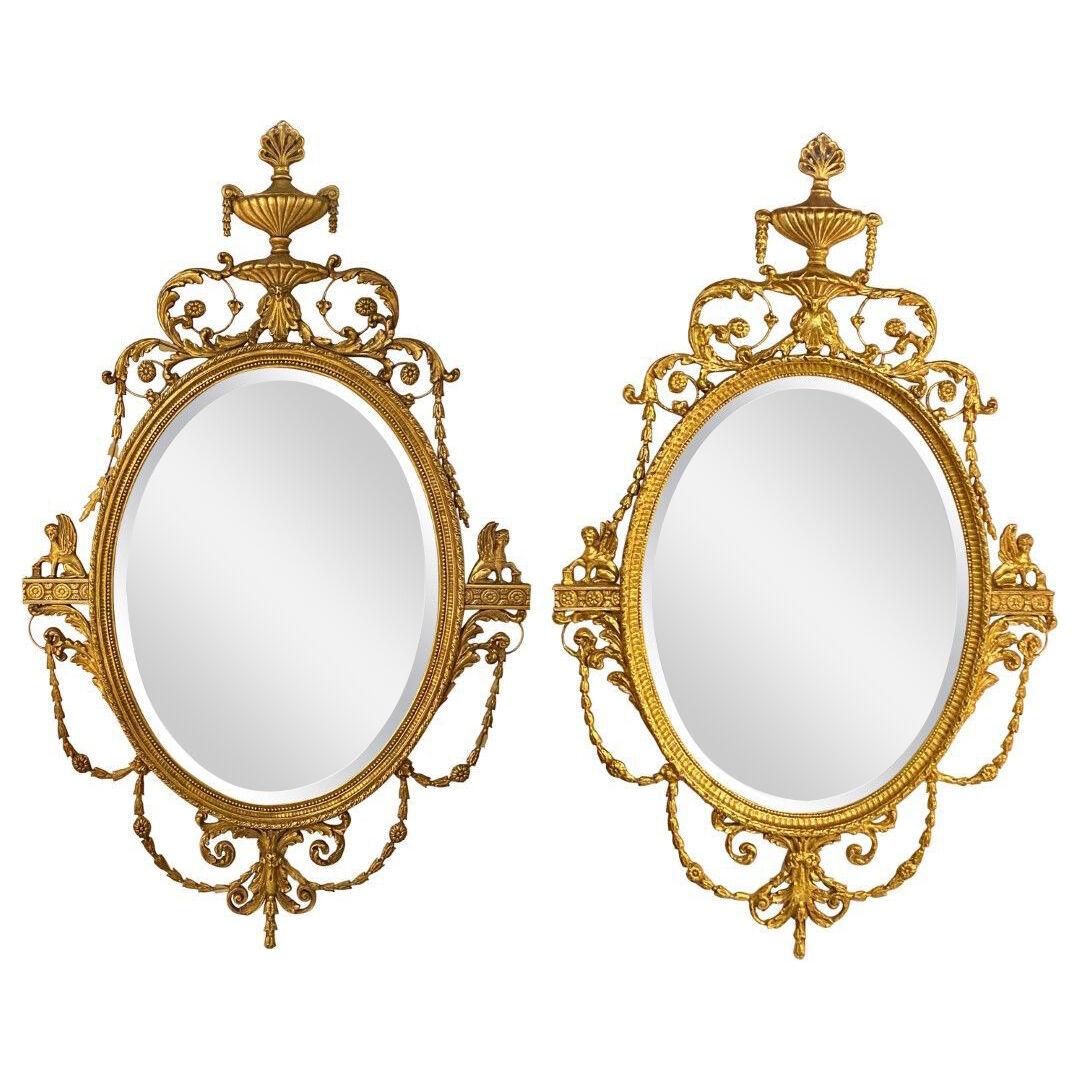 Pair of Freidman Brothers Compatible Sphinx Gilt Gold Beveled Oval Wall Mirrors	