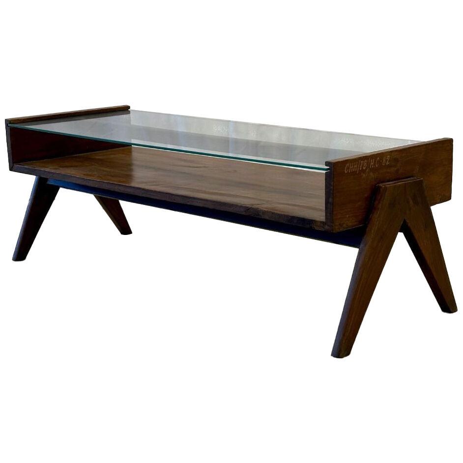 Mid-Century Modern Pierre Jeanneret Glass Coffee / Cocktail Table, France, 1960s