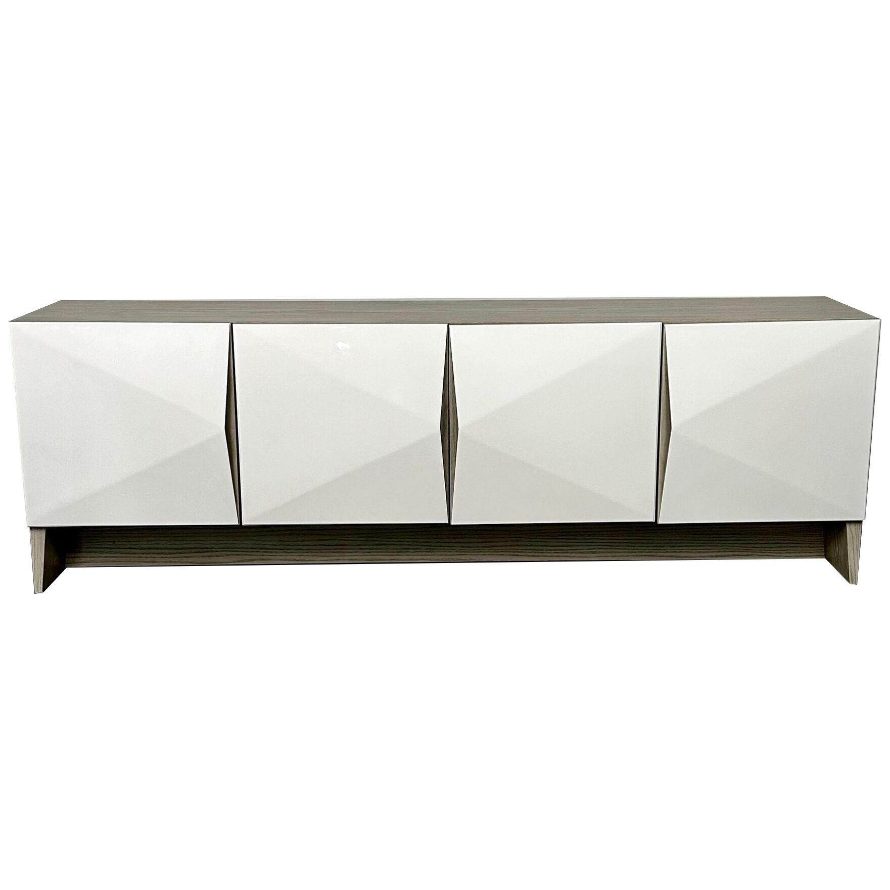 Modern Geometric Ceruse Oak Dresser, Sideboard, Cabinet, White Lacquered,