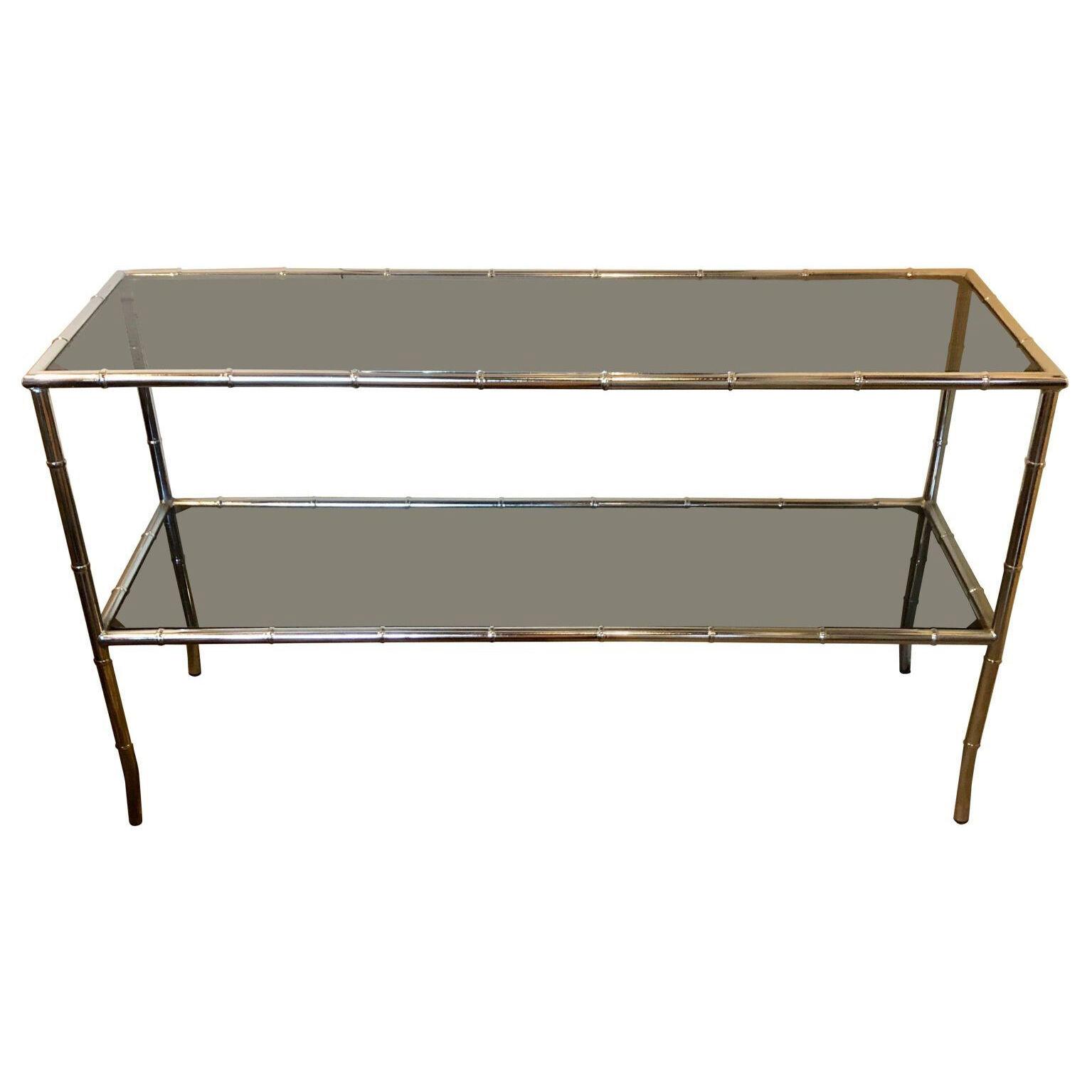 Faux Bamboo Chrome Two-Tier Console Table with Smoke Glass Tops Manner of Jansen