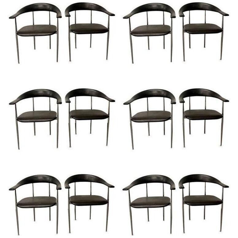 Set of twelve Black & Chrome Italian Dining, Arm, Side Chairs, 1970s