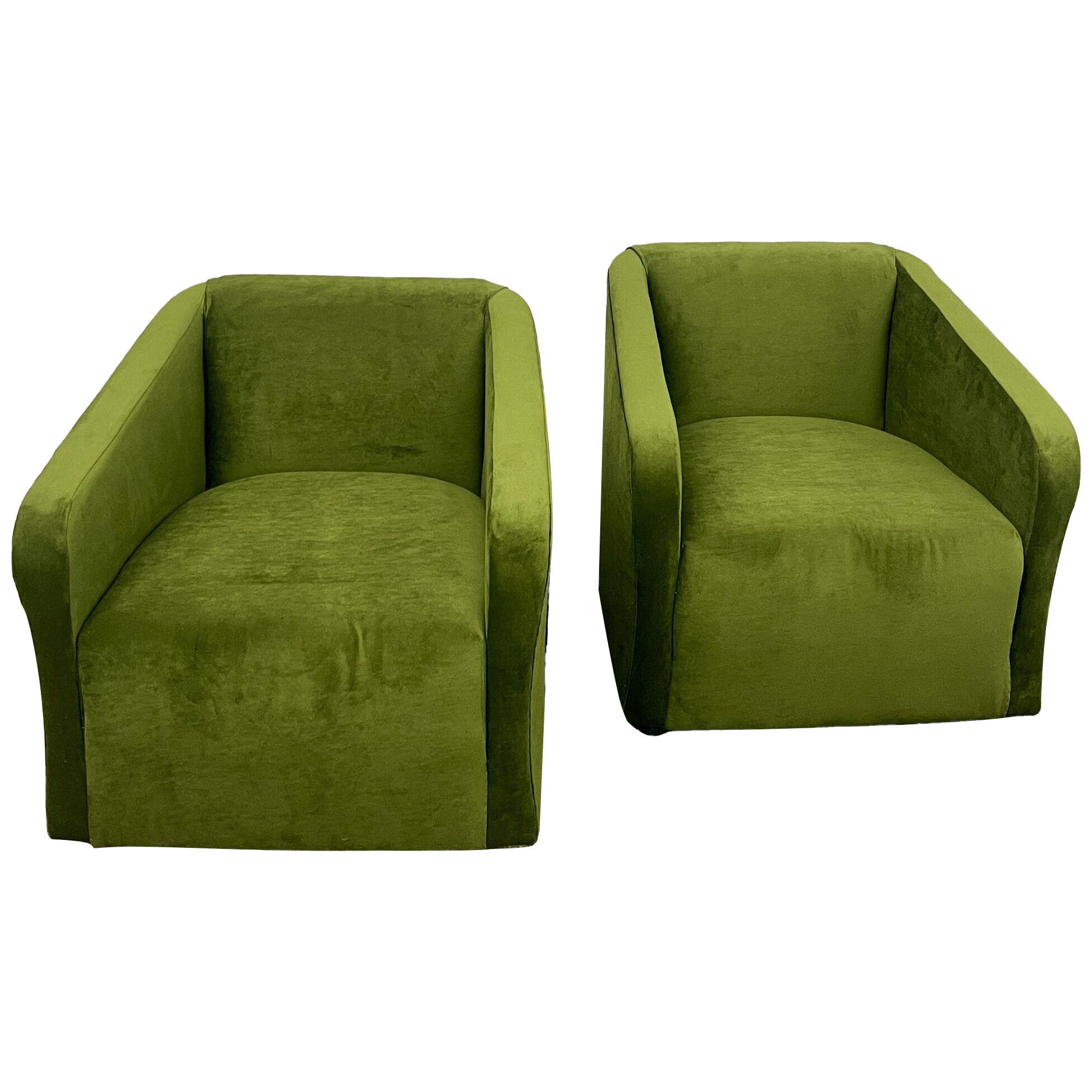 Pair Green Velvet Swivel Chairs