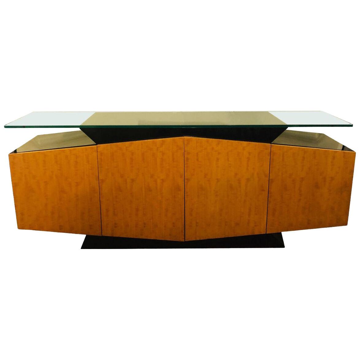 Pace Collection Burl and Ebony Floating Beveled Glass Top Sideboard Cabinet