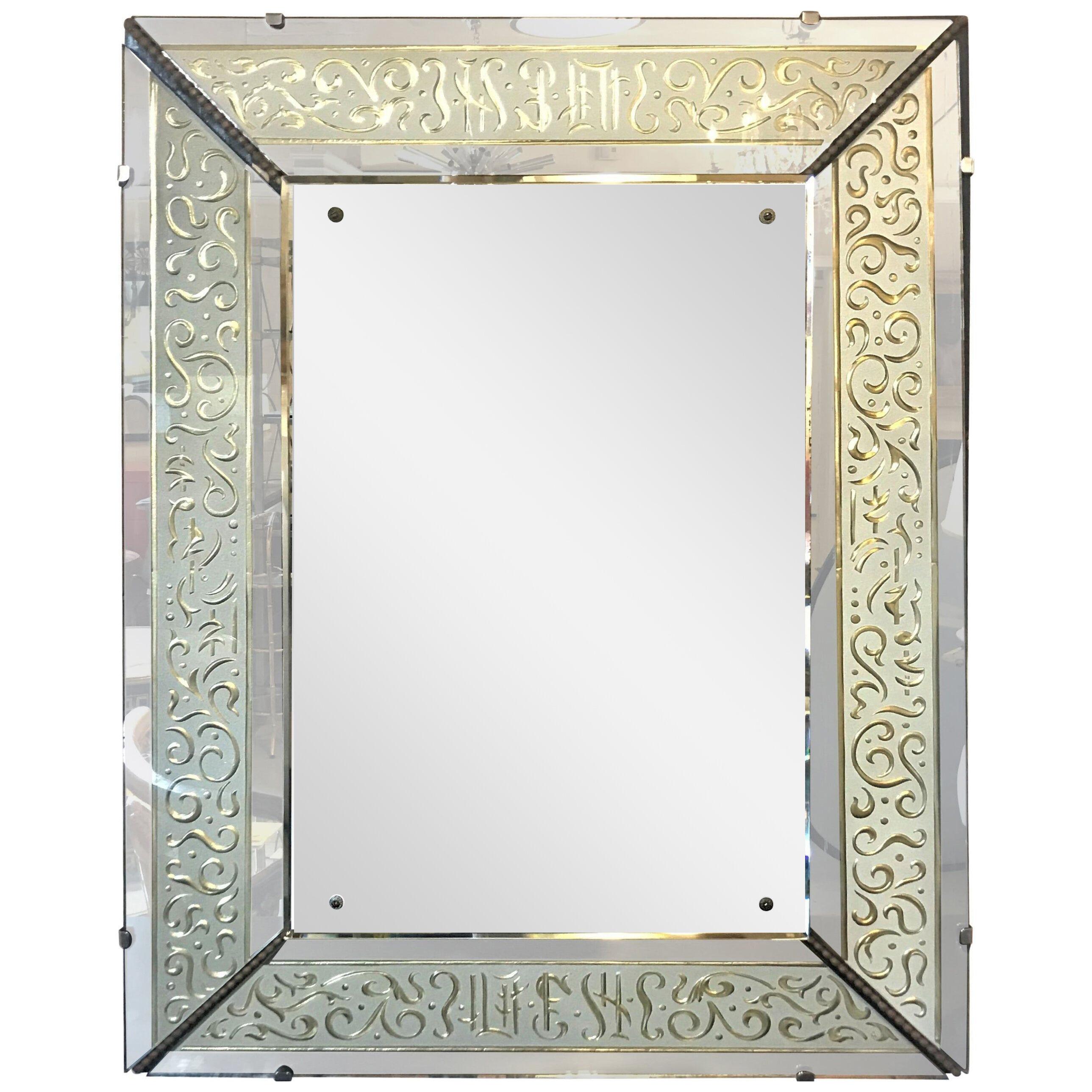 Hollywood Regency Etched Frosted Glass Framed Bevelled Wall or Console Mirror