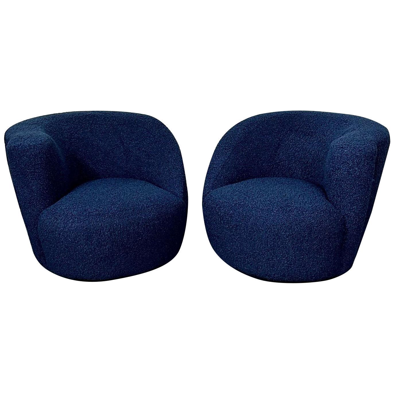 Pair of Mid-Century Modern Nautilus Style Swivel / Lounge Chairs, Blue Faux Fur