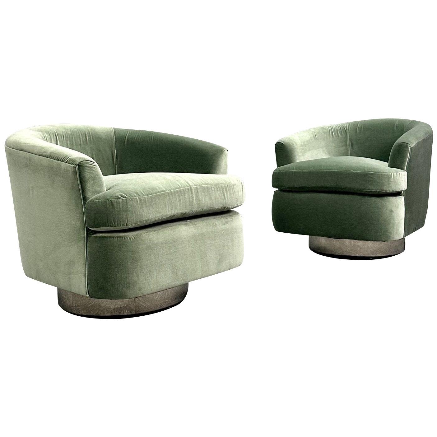 Mid-Century Modern Milo Baughman Style Swivel Chairs, Chrome Base, Green Velvet