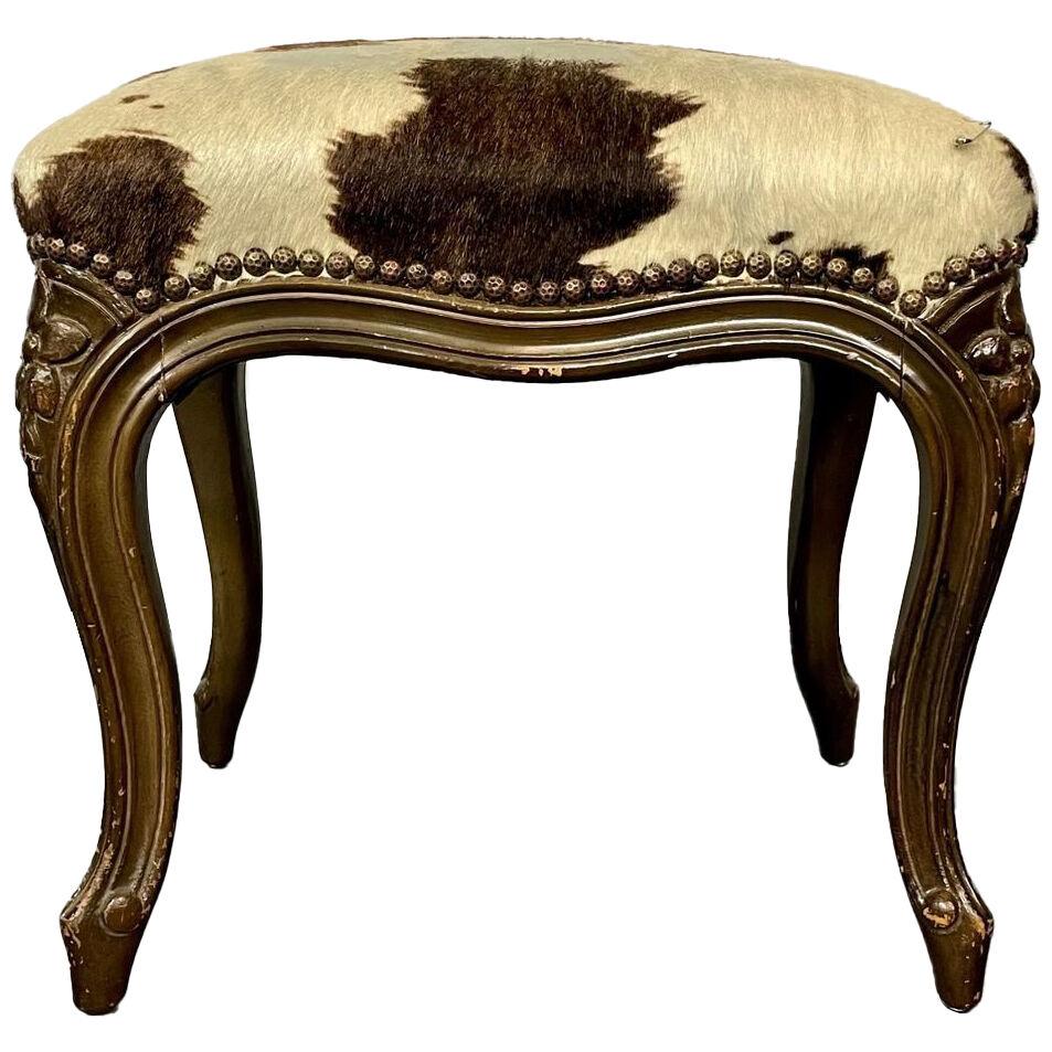 Pony Skin Upholstered, Bench or Foot Stool With Brass Tack Detailing