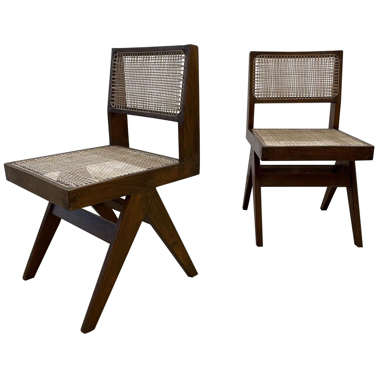 Pair of Mid-Century Modern Pierre Jeanneret Armless Dining Chairs, Teak, Cane	