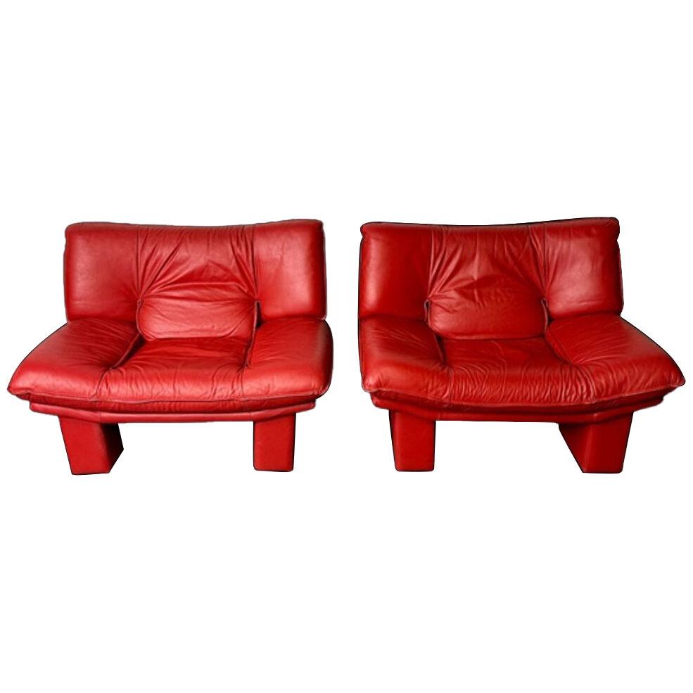 Italian Modern Leather Pair of Arm, Lounge Chairs, Bitonto, Red Leather