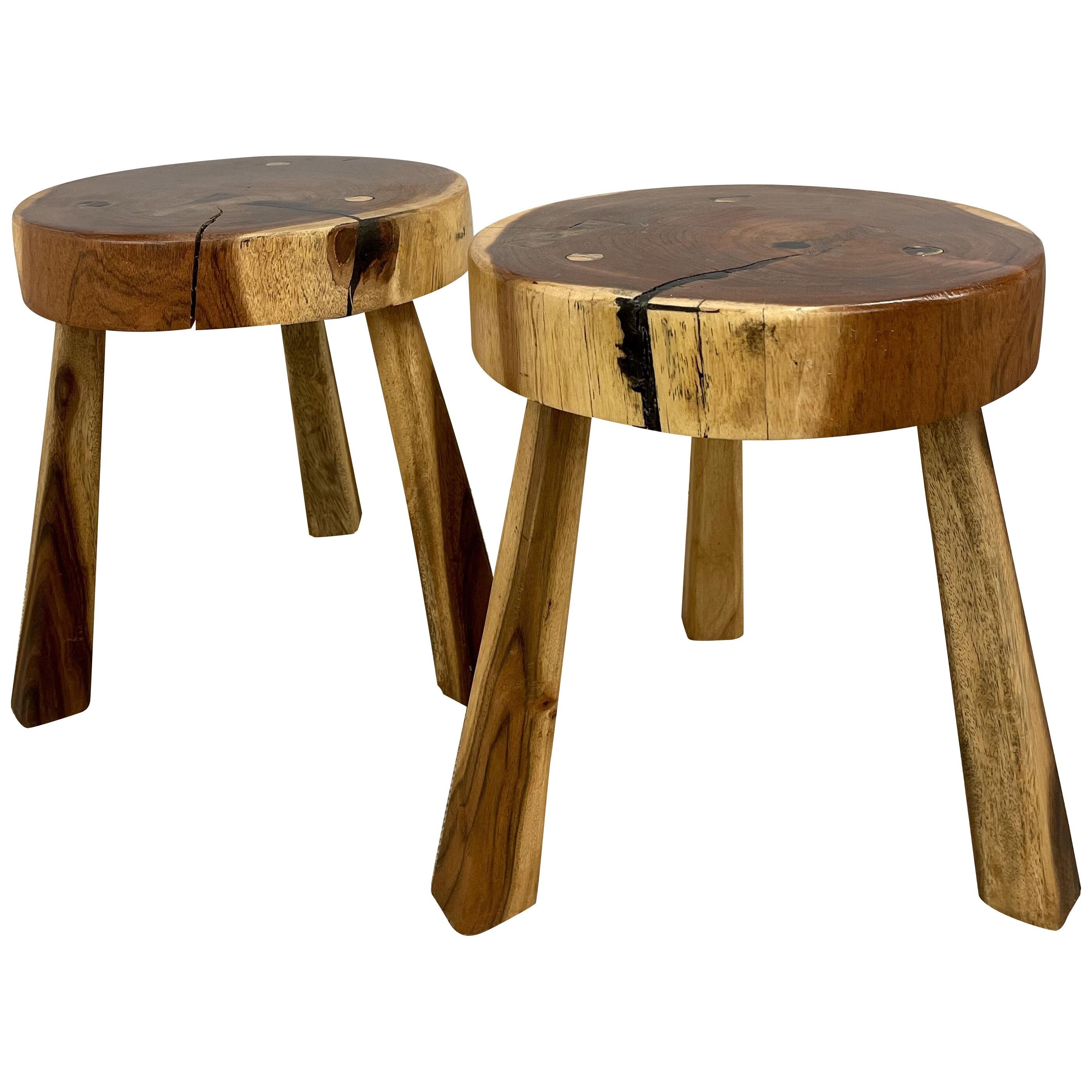 Pair Mid-Century Modern Nakashima Style Organic Wooden Two Stools / Side Tables