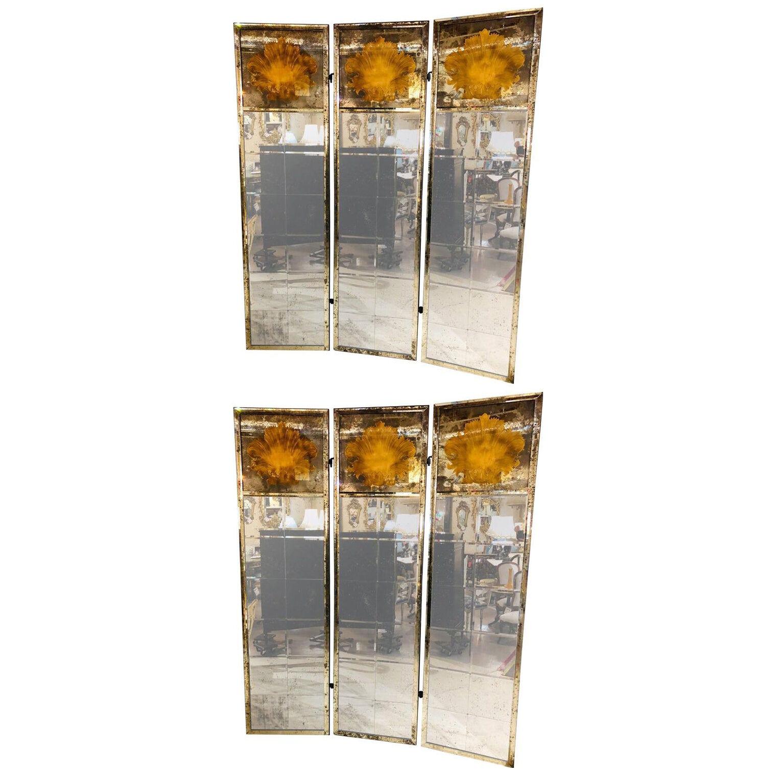 Pair of Art Deco Fashioned Three-Panel Mirrored Room Dividers or Folding Screens