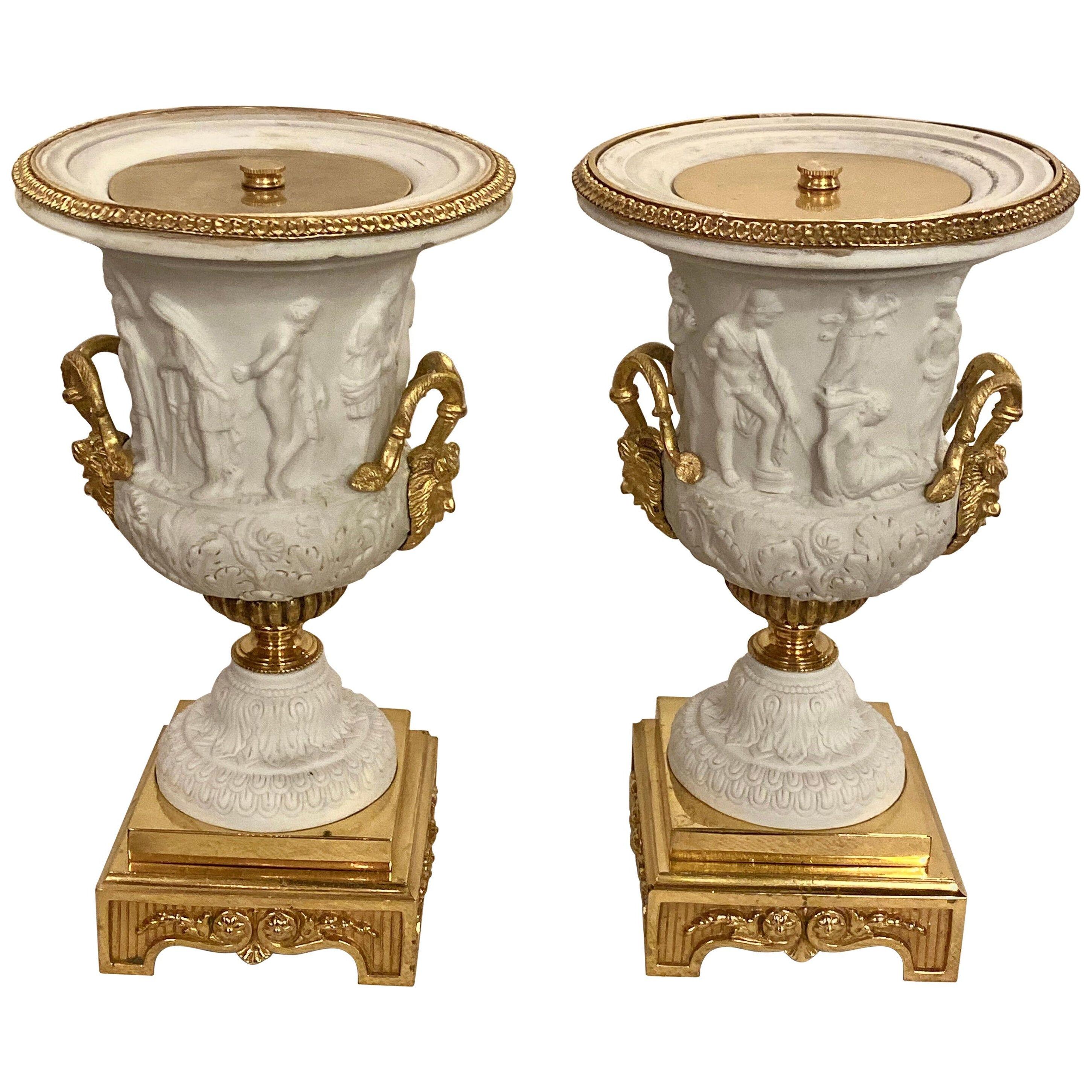 Neoclassical Sevres Parian and Doré Bronze Mounted Urns or Vases 1920s a Pair	