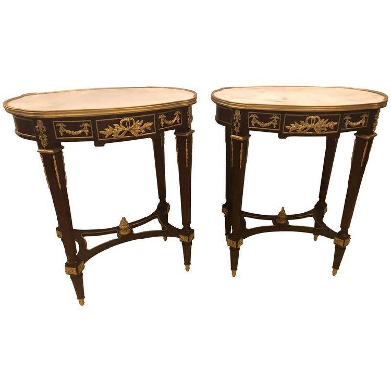 Louis XVI Style Bronze Framed Marble-Top End Lamp Table with Bronze Mounts Pair
