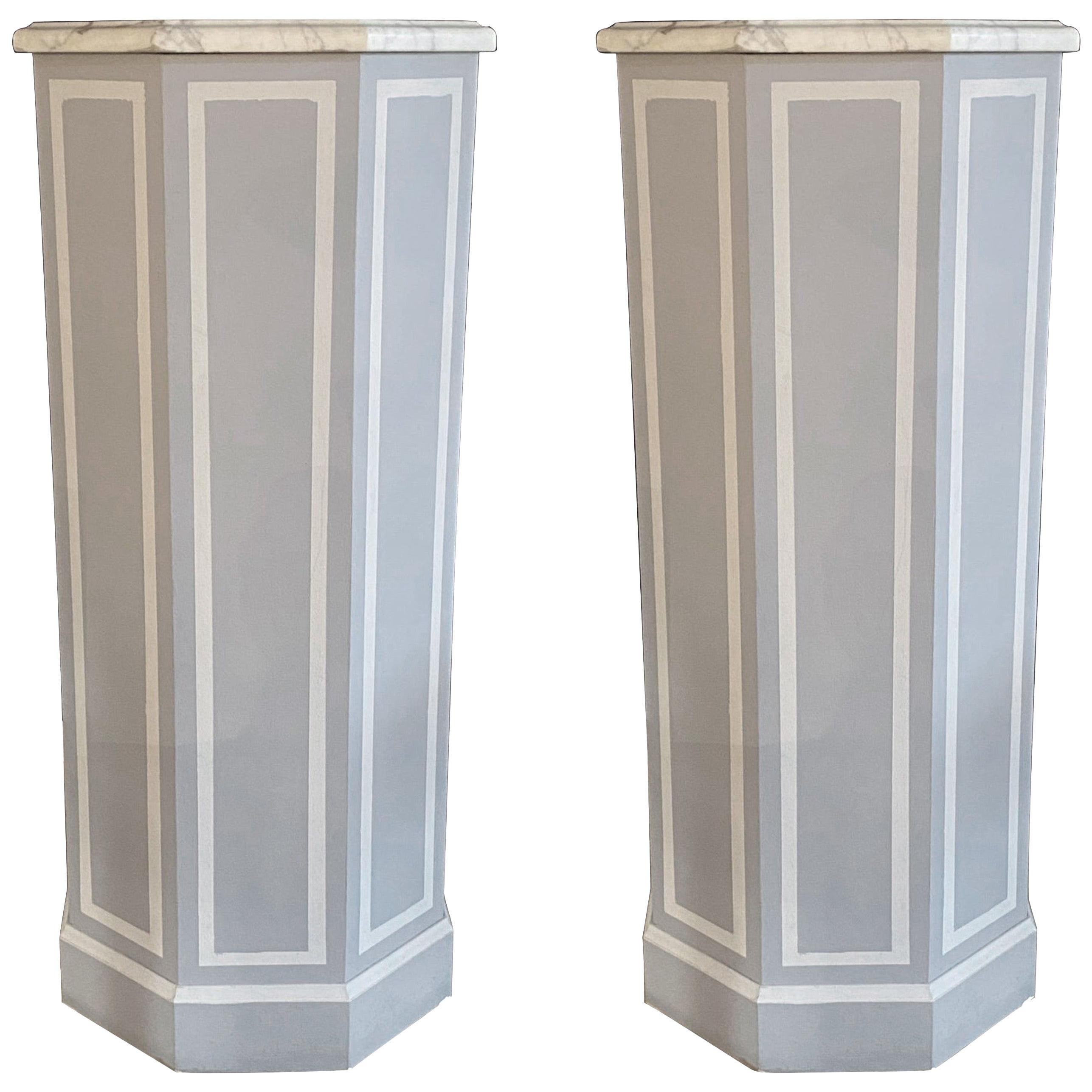Pair of Hollywood Regency Style Pedestals Paint Decorated Wood with Marble Tops