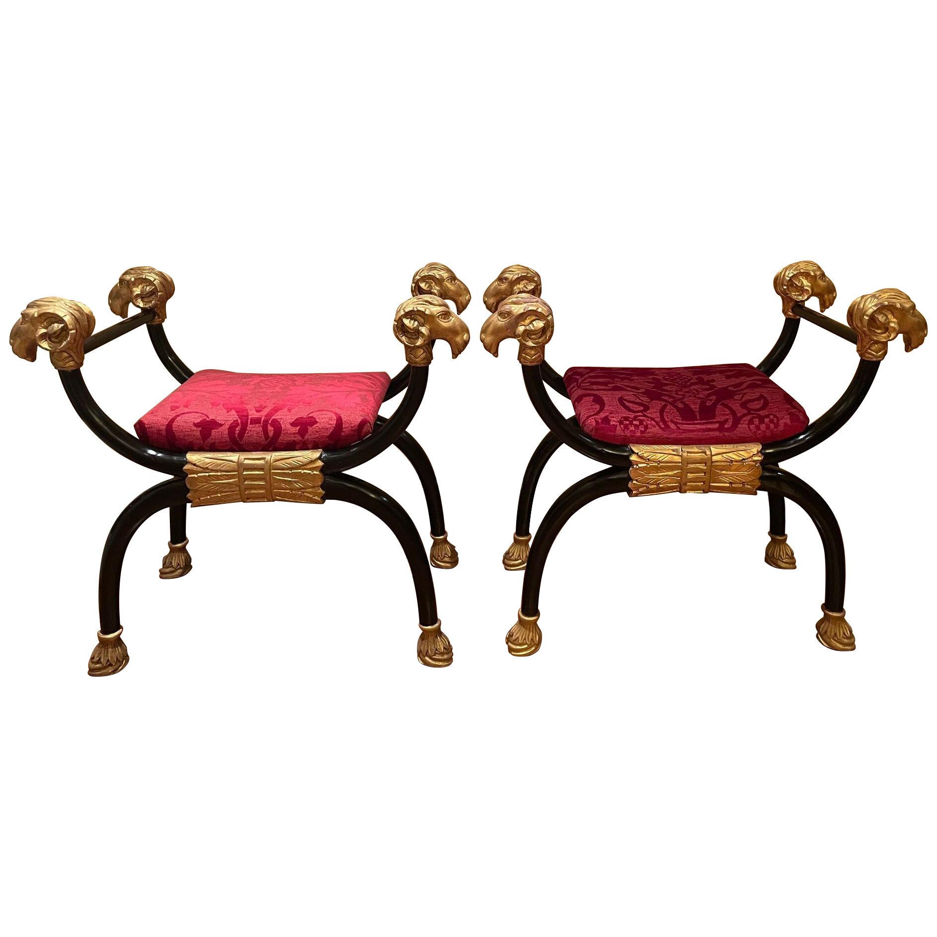 Pair of Hollywood Regency Rams Heads Foot Stools, Piano Benches, Gilt Wood