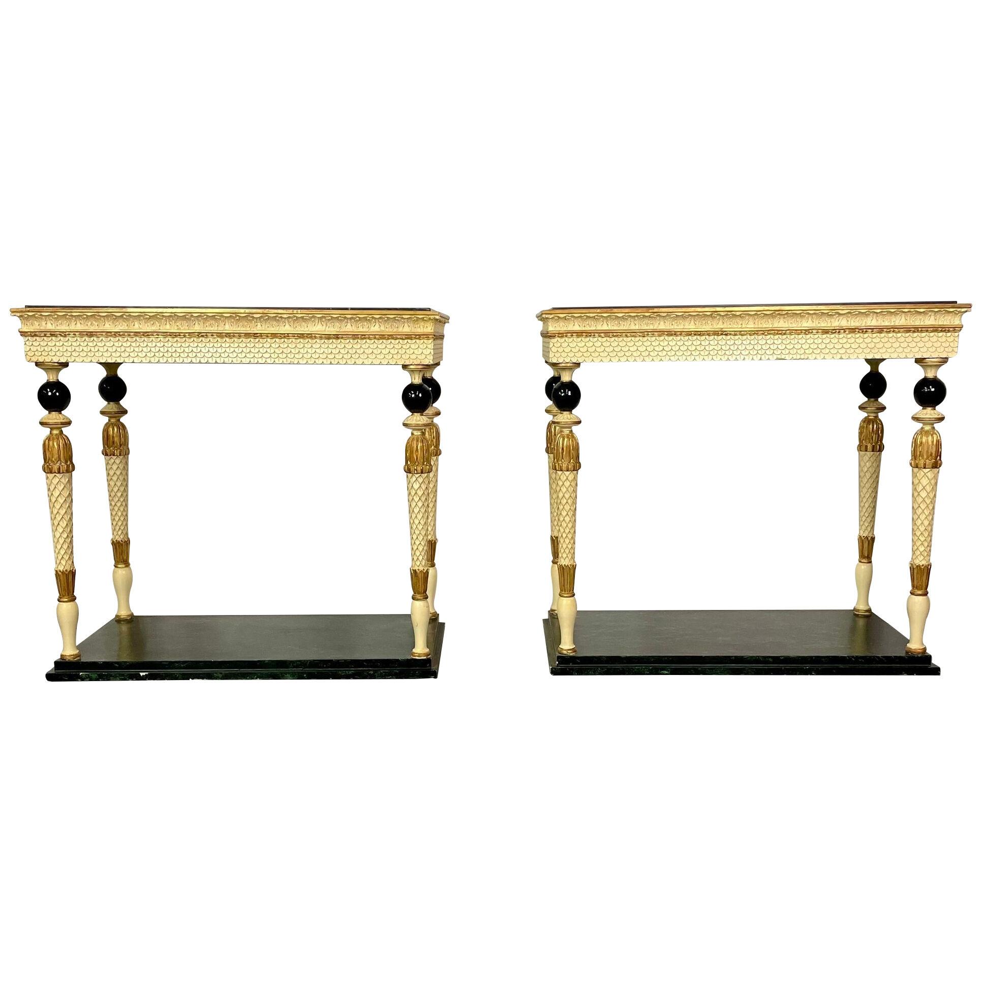 Pair of Maison Jansen Console Tables, Neoclassical, Marble Top, Paint Decorated