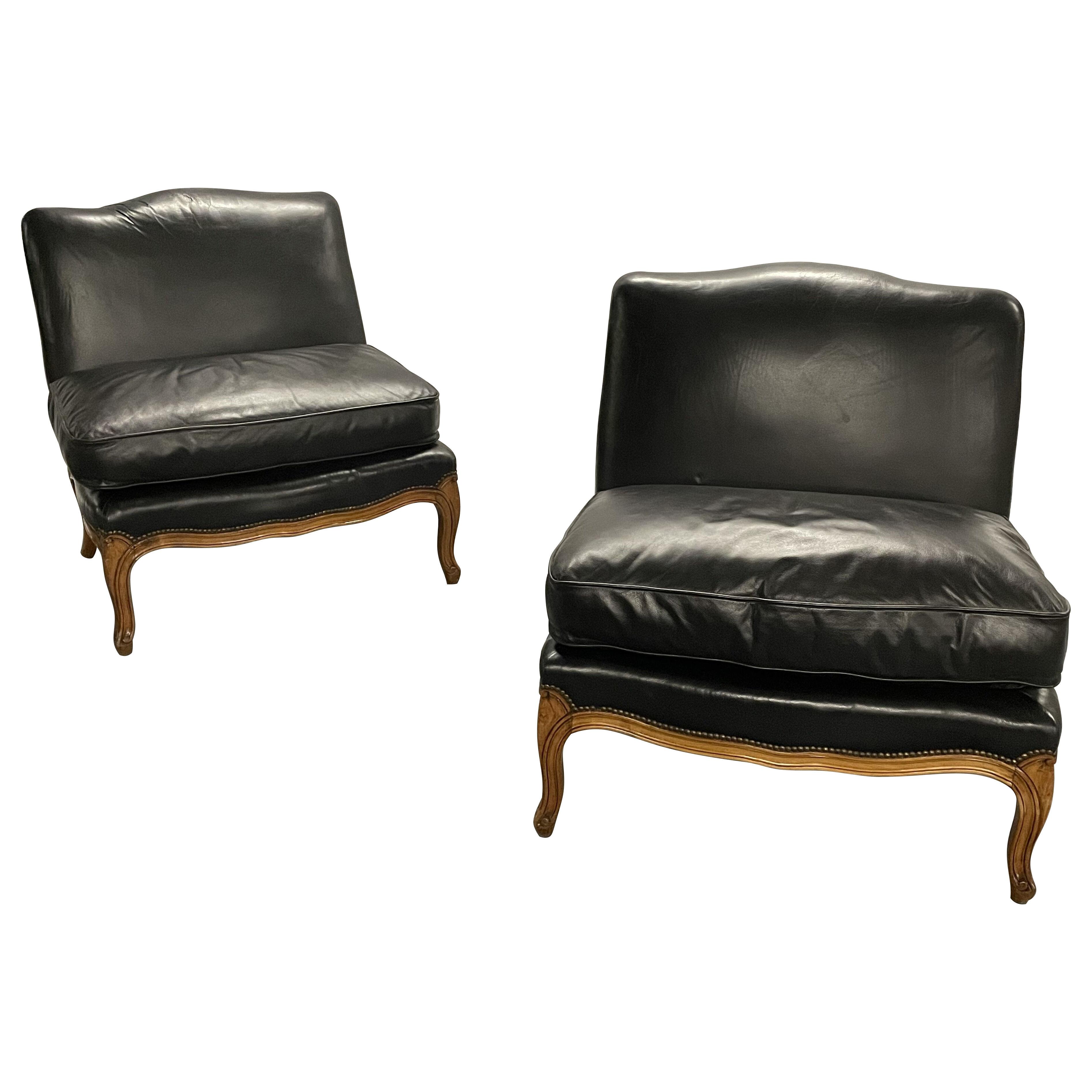 Pair of Leather Louis XV Style Marquise, Side or Lounge Chairs