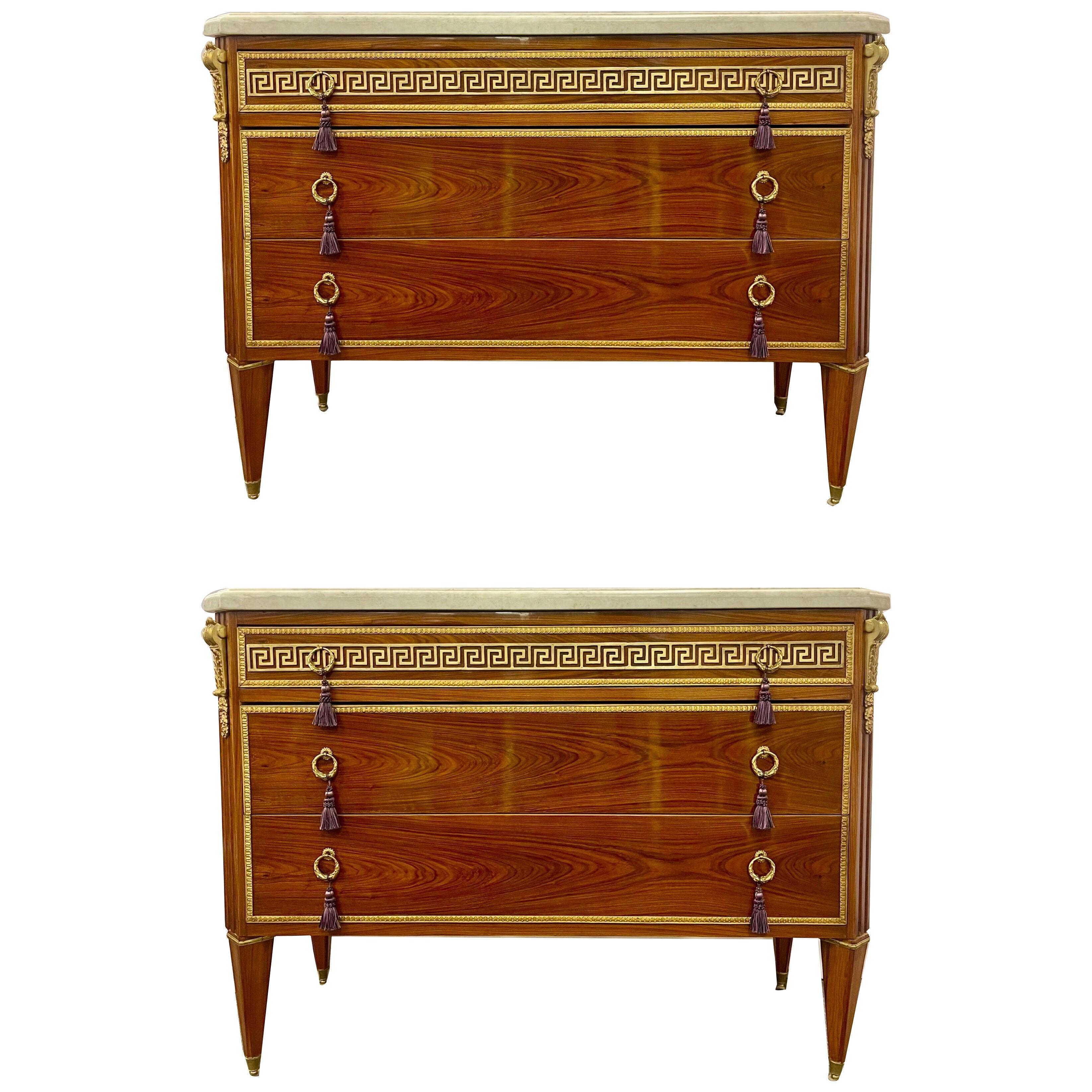 Pair of Tortoise Louis XVI Style Commodes, Chests or Nightstands, Greek Key