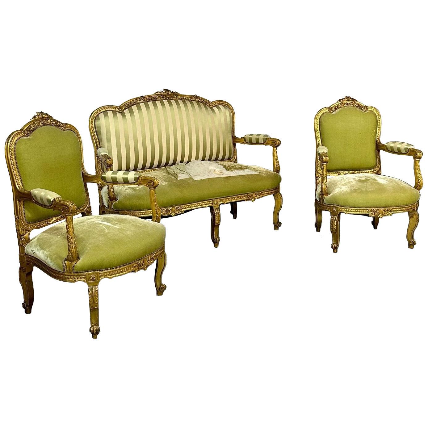 Giltwood Livingroom, Settee and Pair of Fauteuils, Louis XV, Durand, 19th Cent