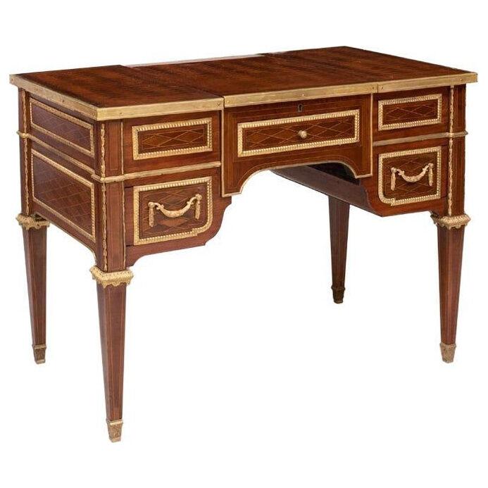 Louis XVI Style Gilt Bronze Parquetry & Marquetry Dressing Table, Desk or Vanity