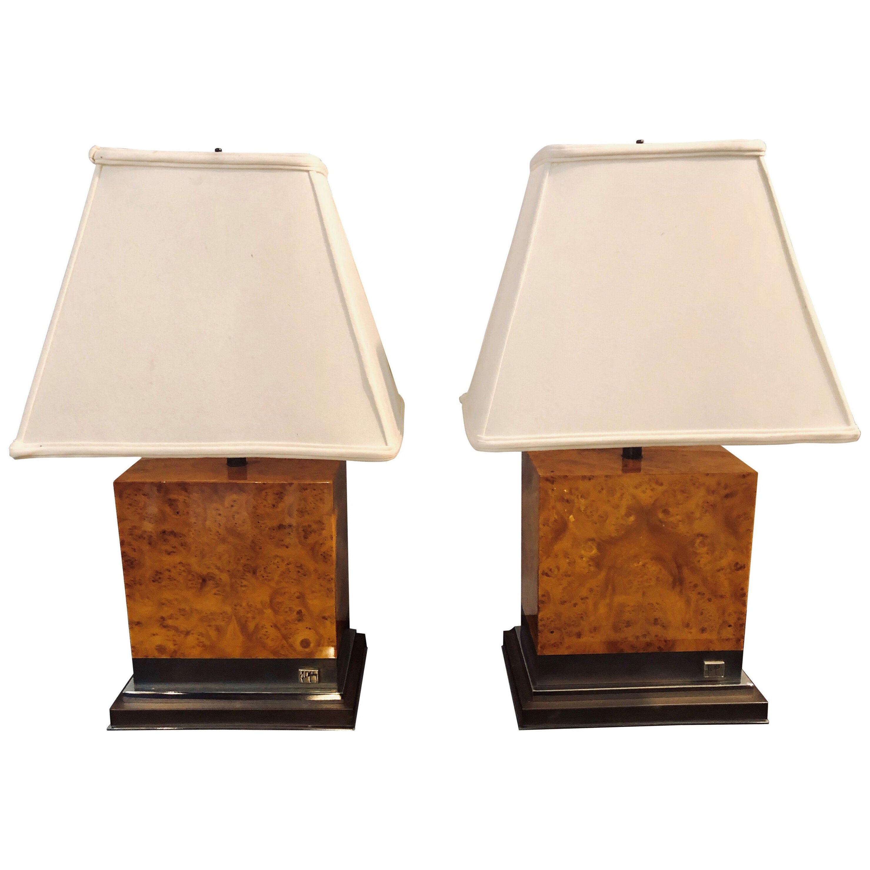 Pair of Jean Claude Mahey Burl Wood & Chrome Base Table Lamps with Custom Shades
