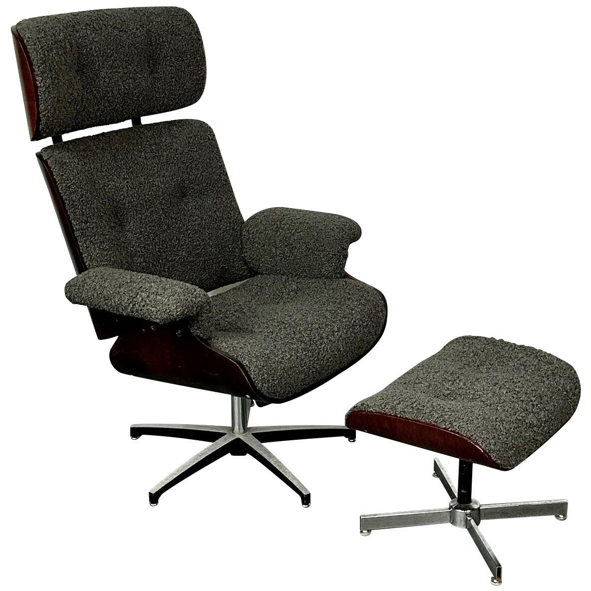 Mid-Century Modern Charles & Ray Eames Style Lounge Chair, Ottoman, Boucle