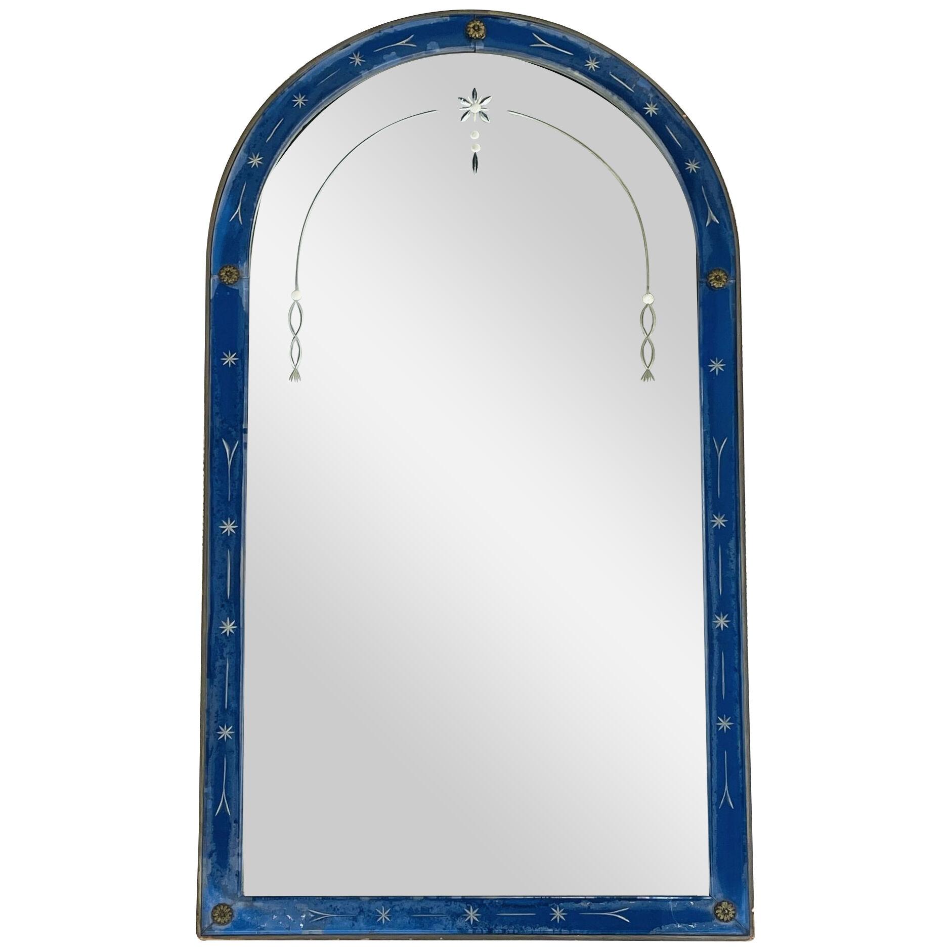 Art Deco Cobalt Wall / Console / Vanity Etched Glass Mirror, 1940s, Cobalt Blue