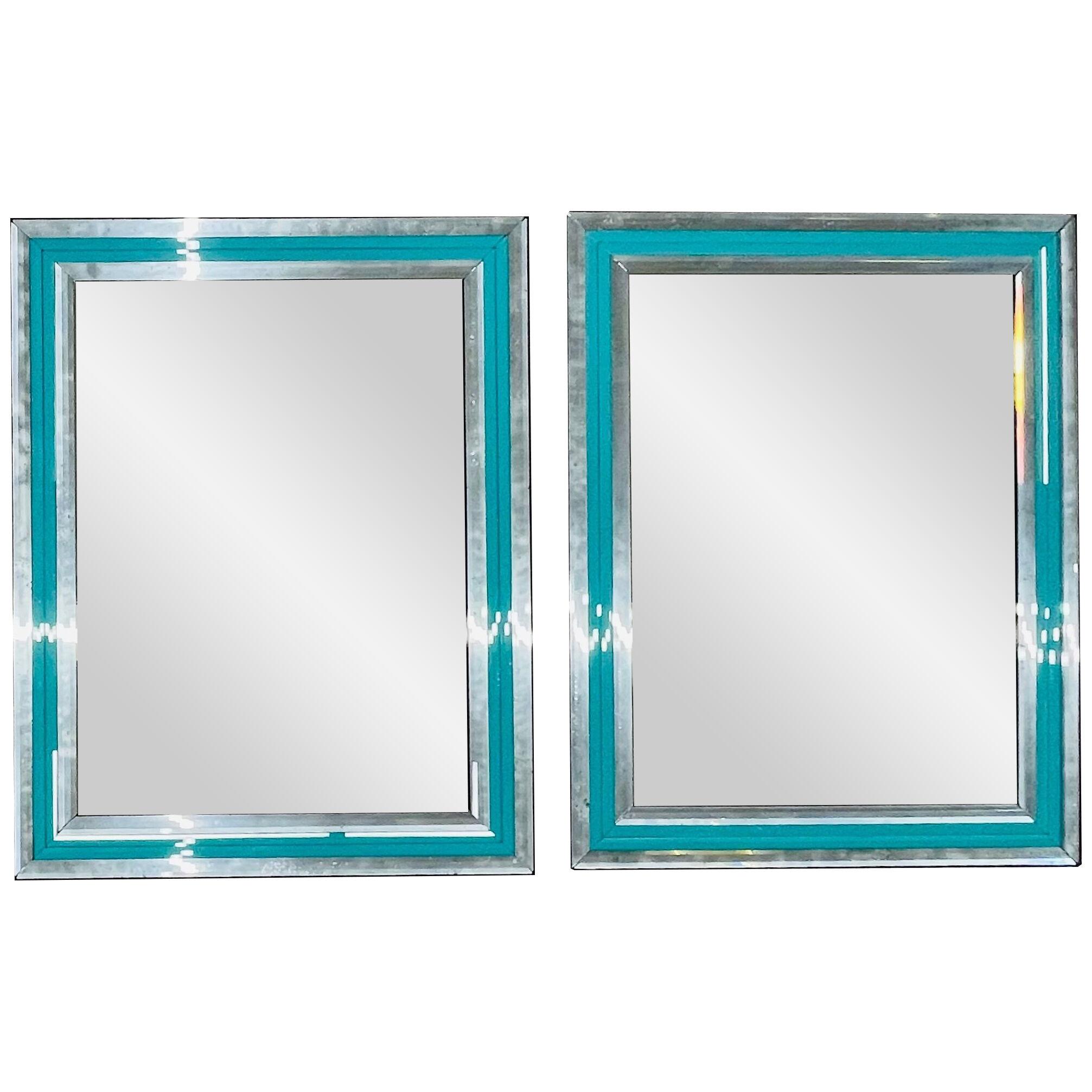Pair of Art Deco Wall, Mantle or Console Mirrors with Turquoise Bevelled Frames