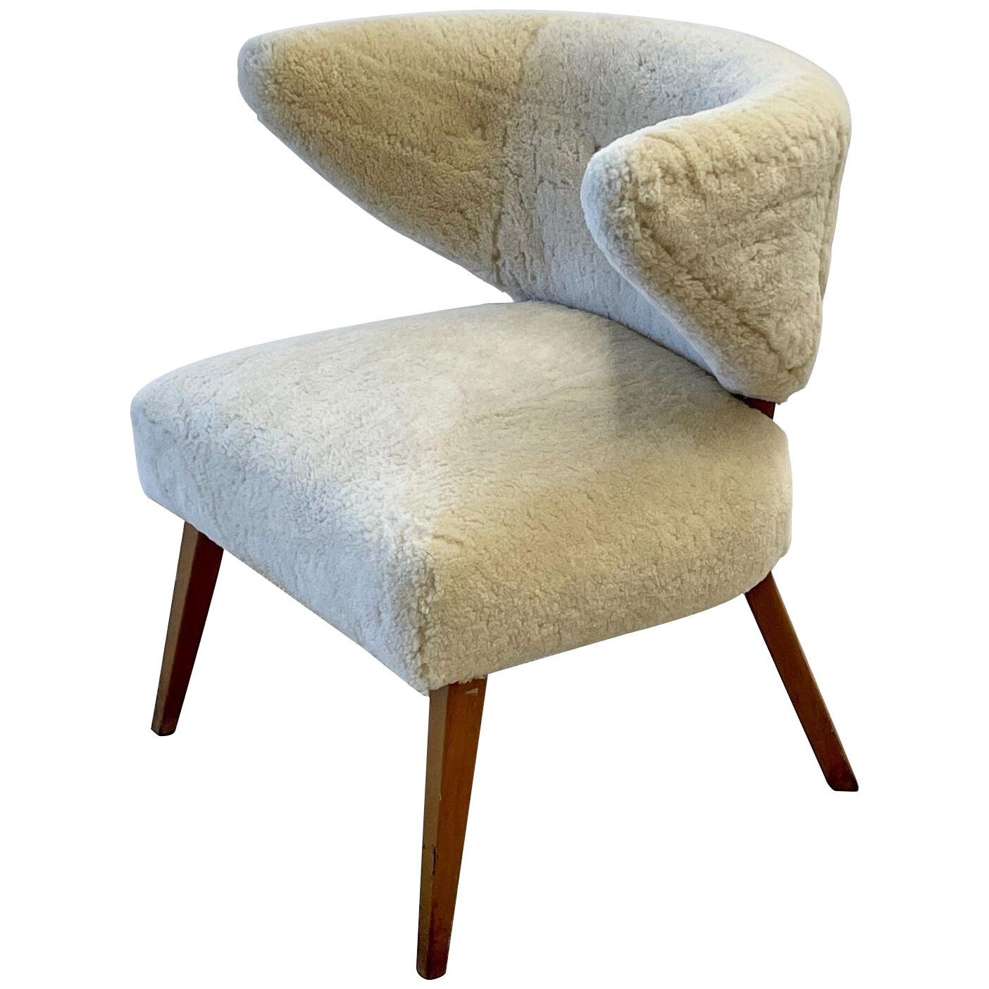 Mid Century Modern Wing / Slipper Chair, Otto Schultz Style, Sheepskin